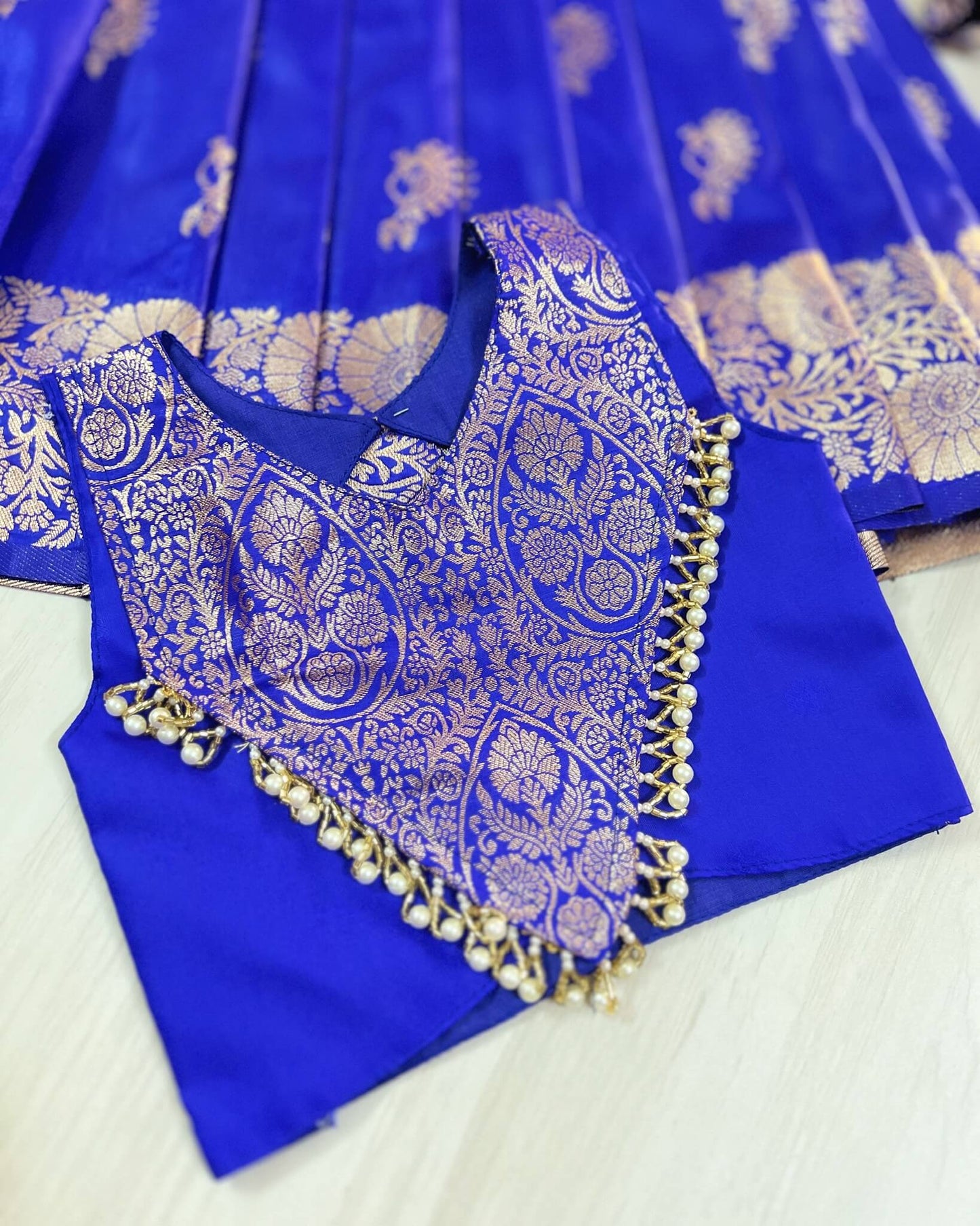 Royal Blue Pearl Embellished Modern Back Traditional Lehenga Set | The Silkberry