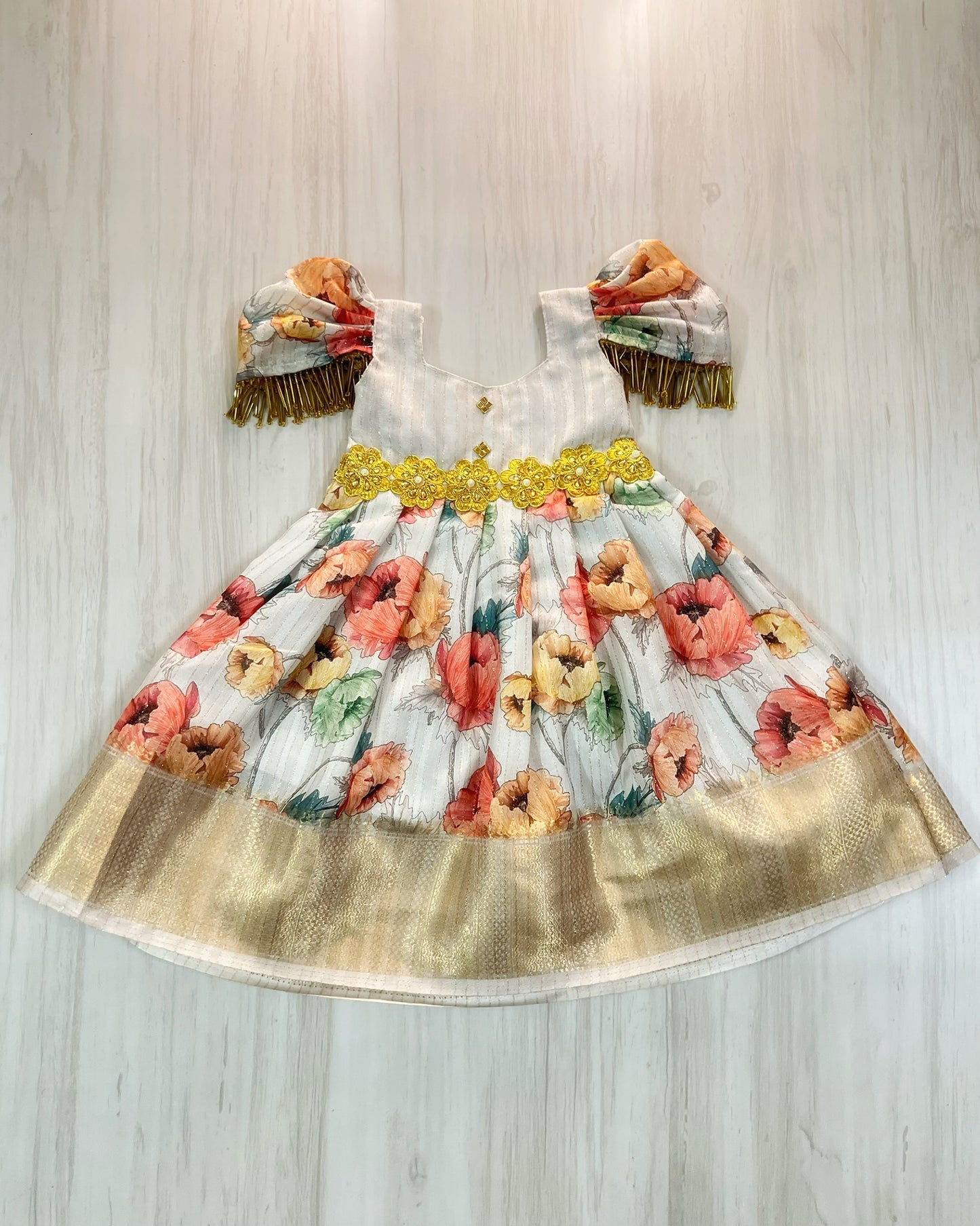 Platinum White Floral Modern Sleeve Hangings Queenly Silk Gown | The Silkberry