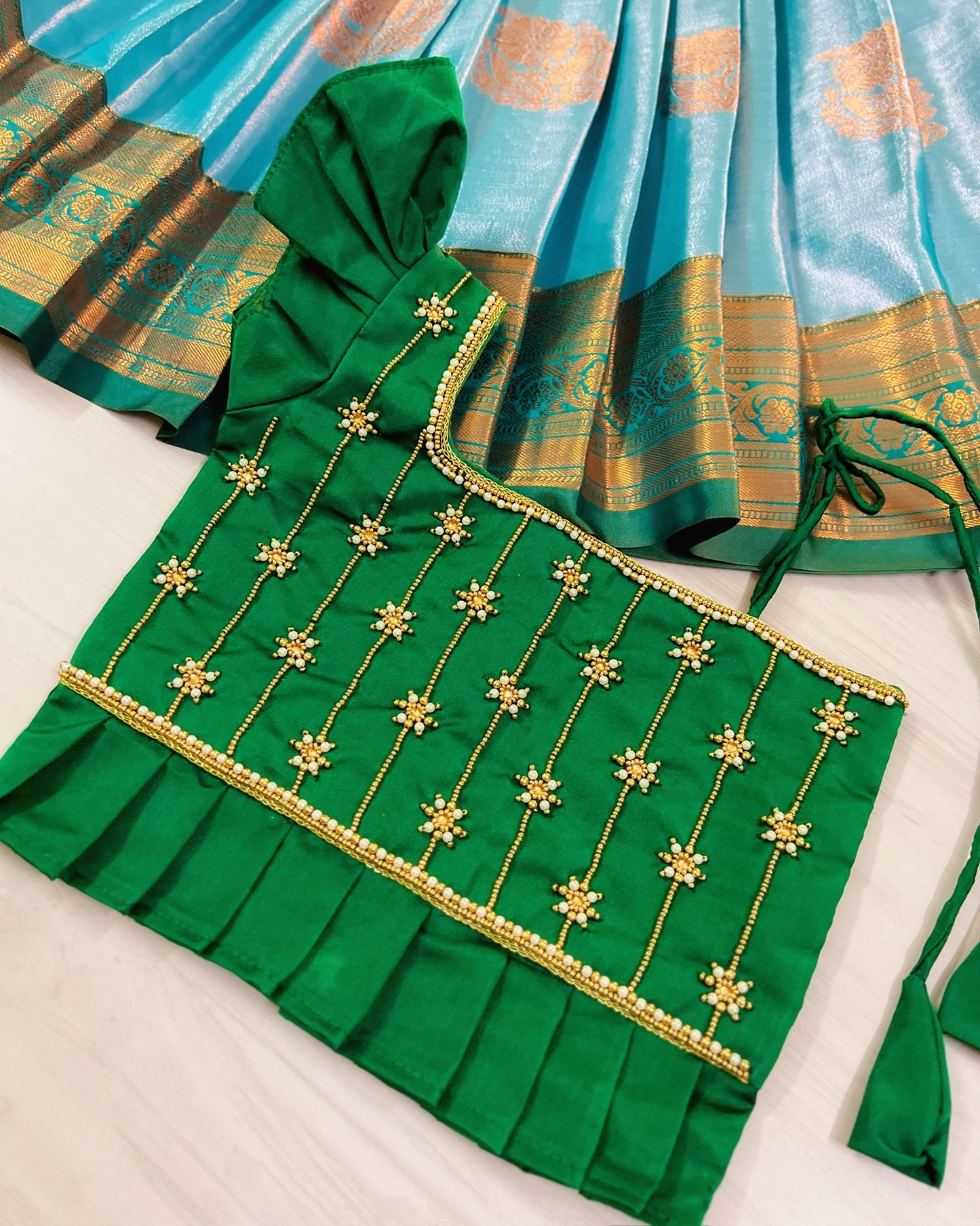 Dark Green And Sky Blue Aari Work Lehenga/Pattu Pavadai Set