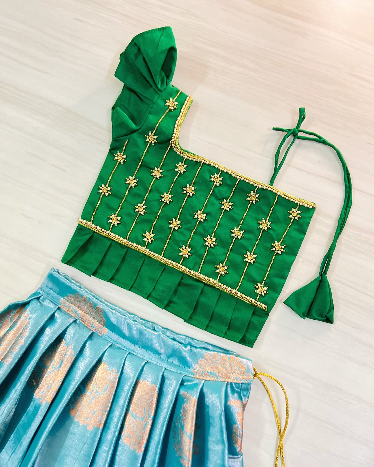 Dark Green And Sky Blue Aari Work Lehenga/Pattu Pavadai Set