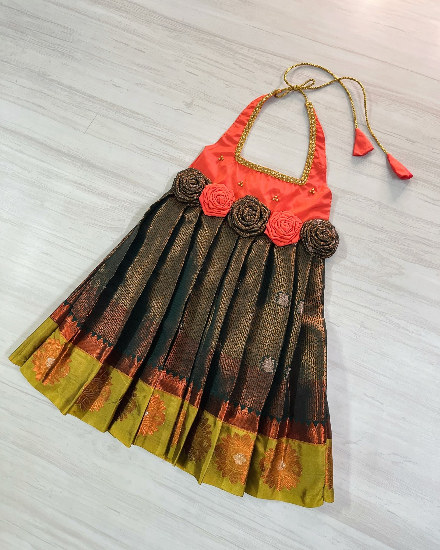 Orange And Dark Green Halter Neck Floral Silk Gown