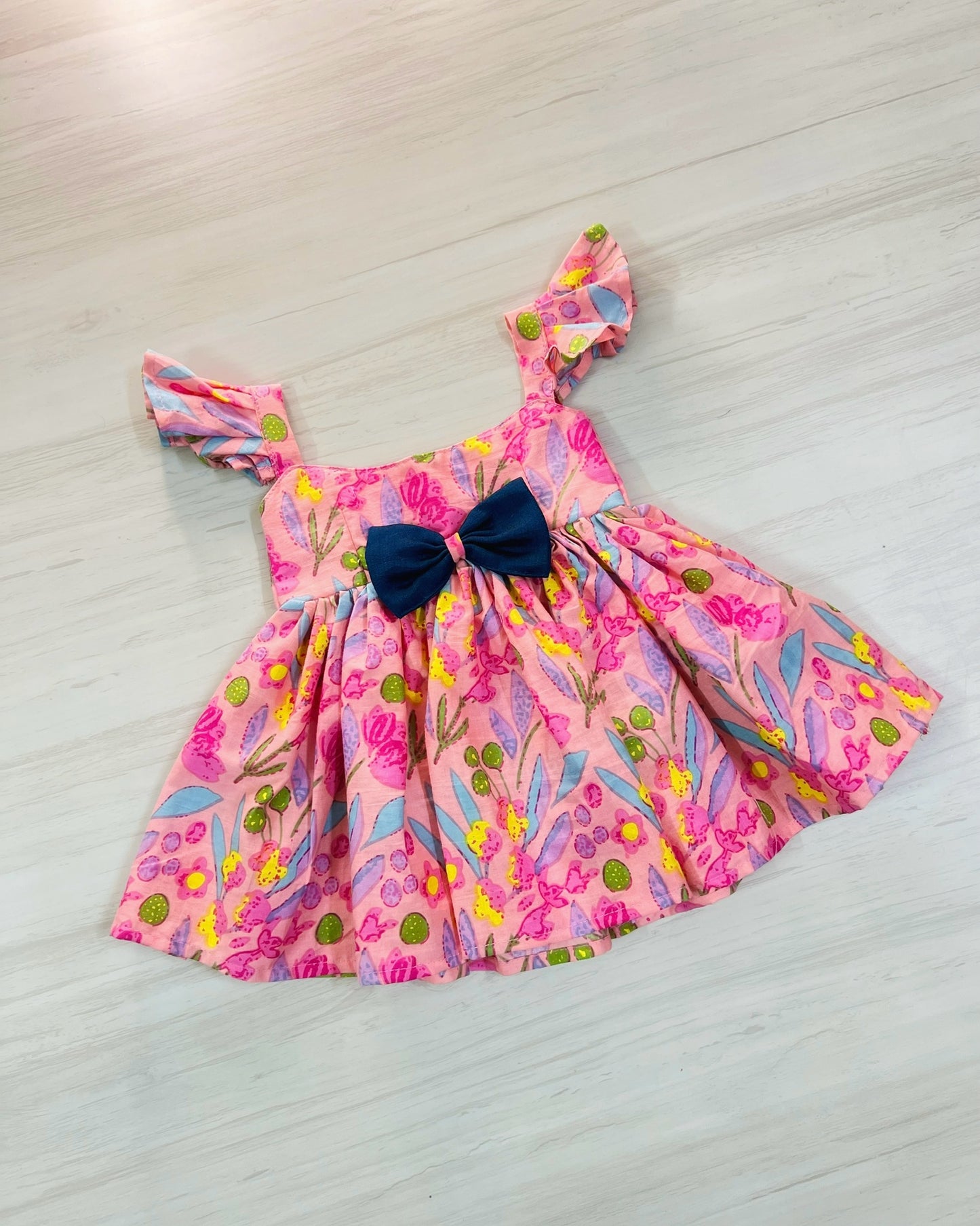 Pink Floral Print With Blue Bow Soft Cotton Cutesy Frock