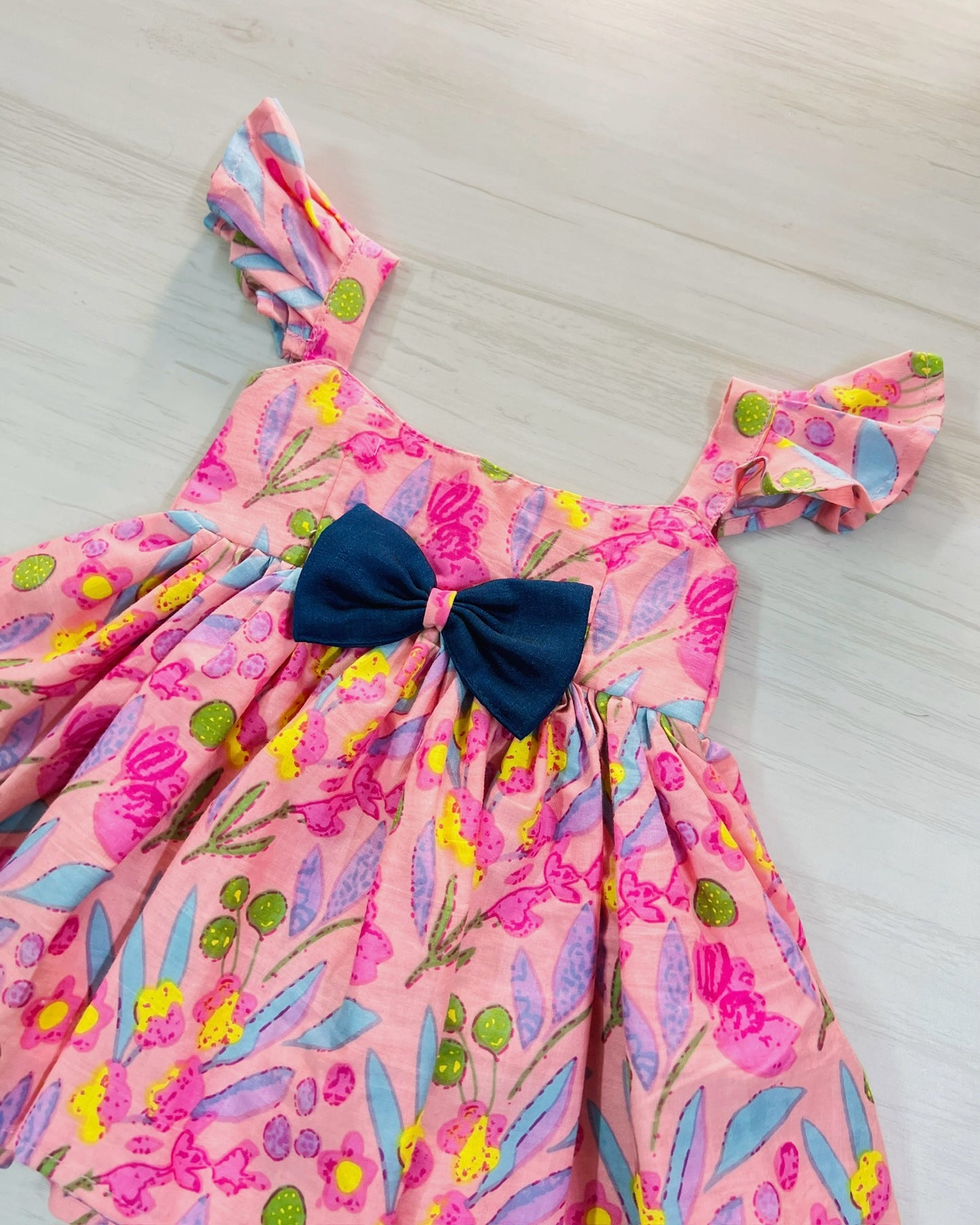 Pink Floral Print With Blue Bow Soft Cotton Cutesy Frock