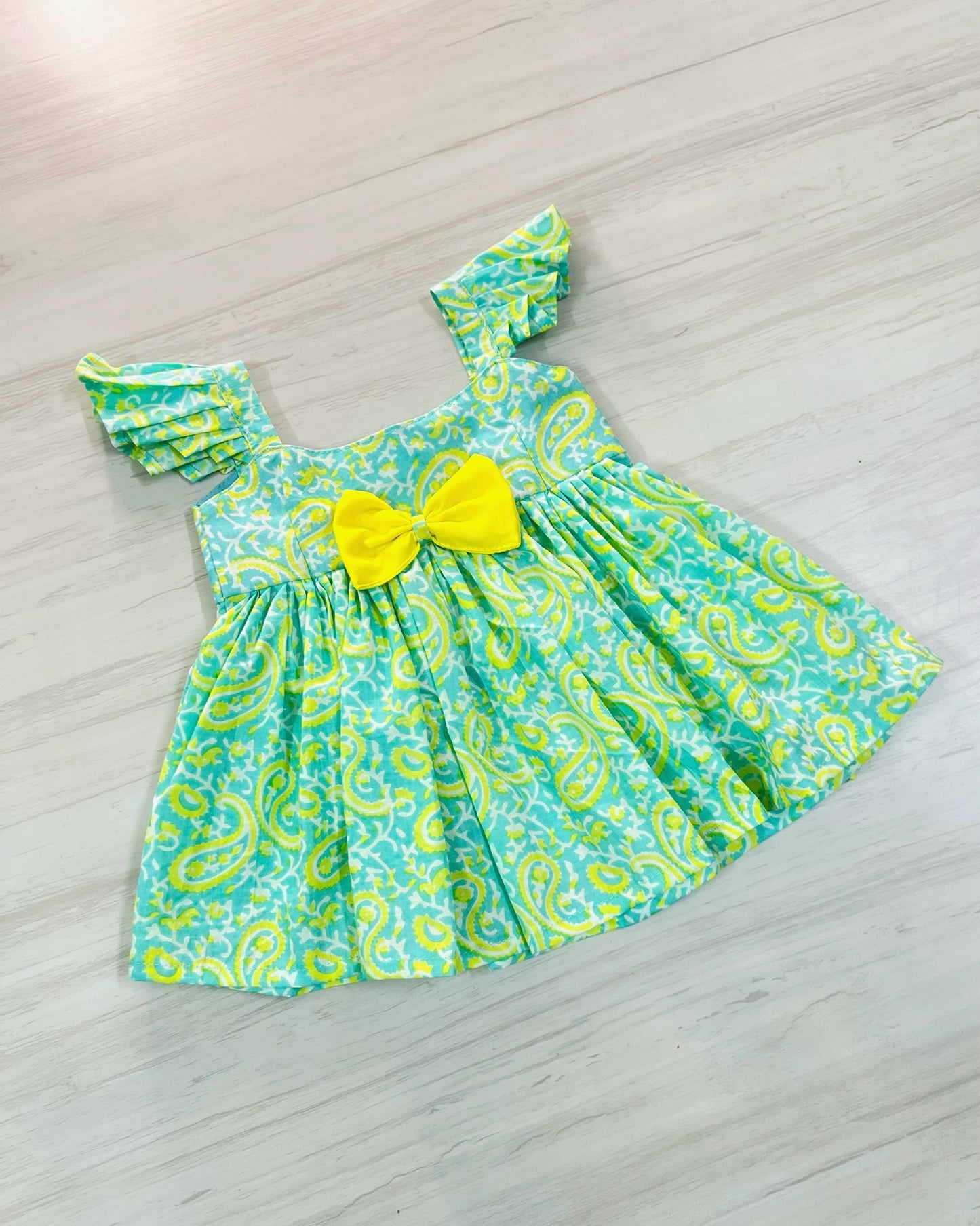 Aqua Blue With Yellow Bow Soft Cotton Cutesy Frock