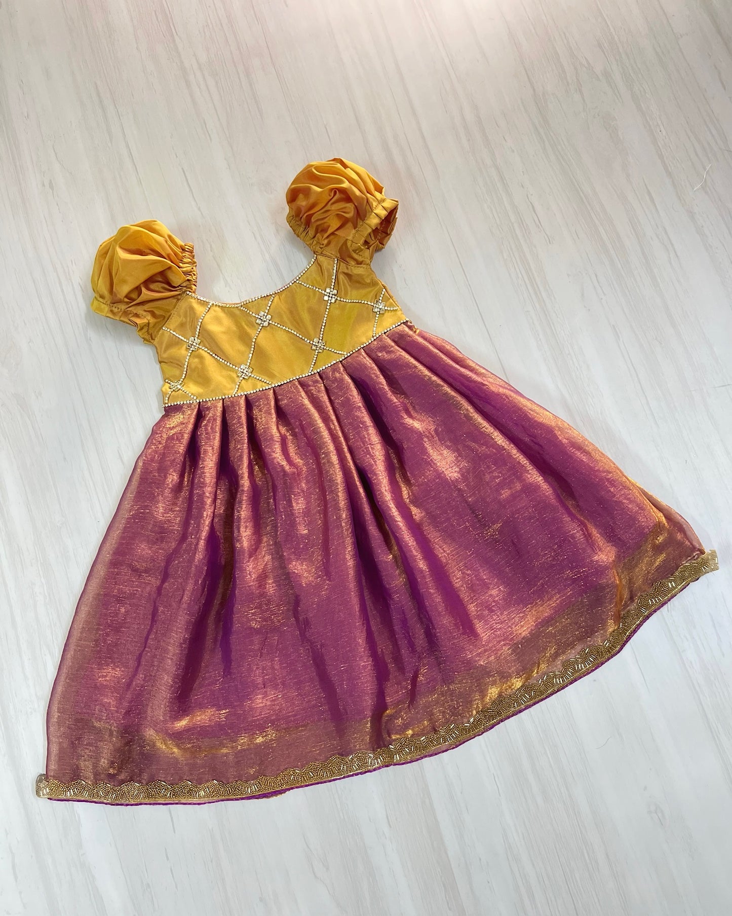 Antique Gold And Pearly Purple Criss Cross Silk Gown | The Silkberry