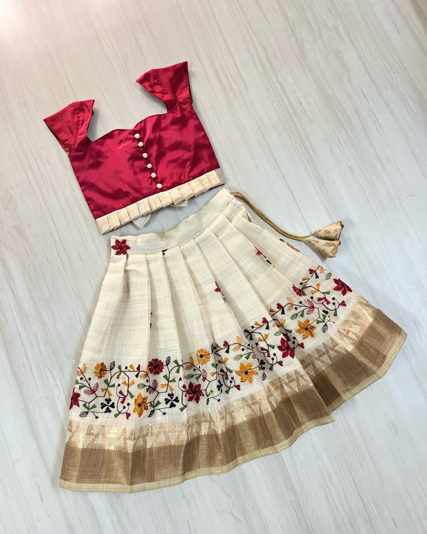 Cherry Red Polki Top With Floral Embroidered Beige Skirt