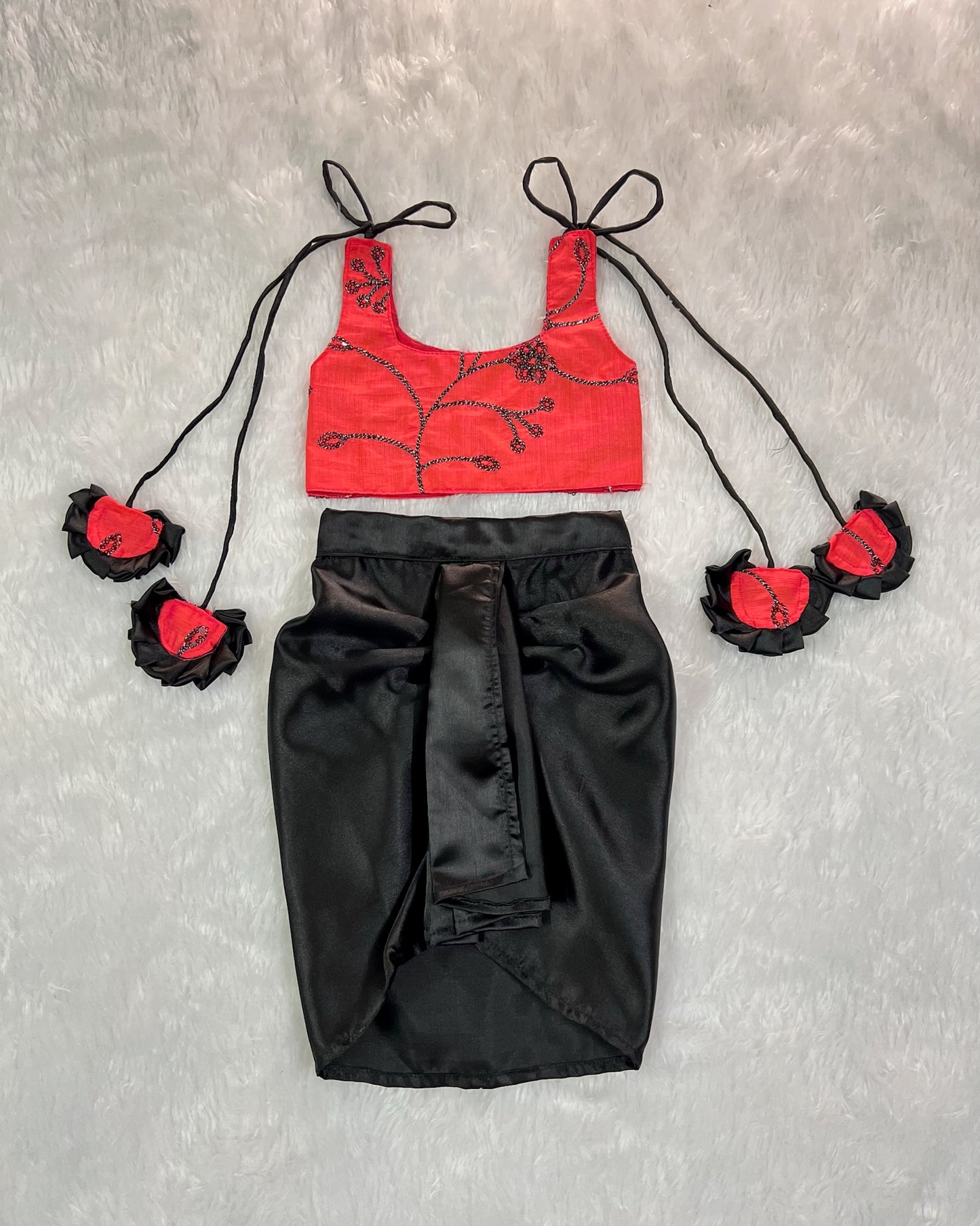 American Rose Embroidered Top With Soft Satin Black Dhoti Skirt