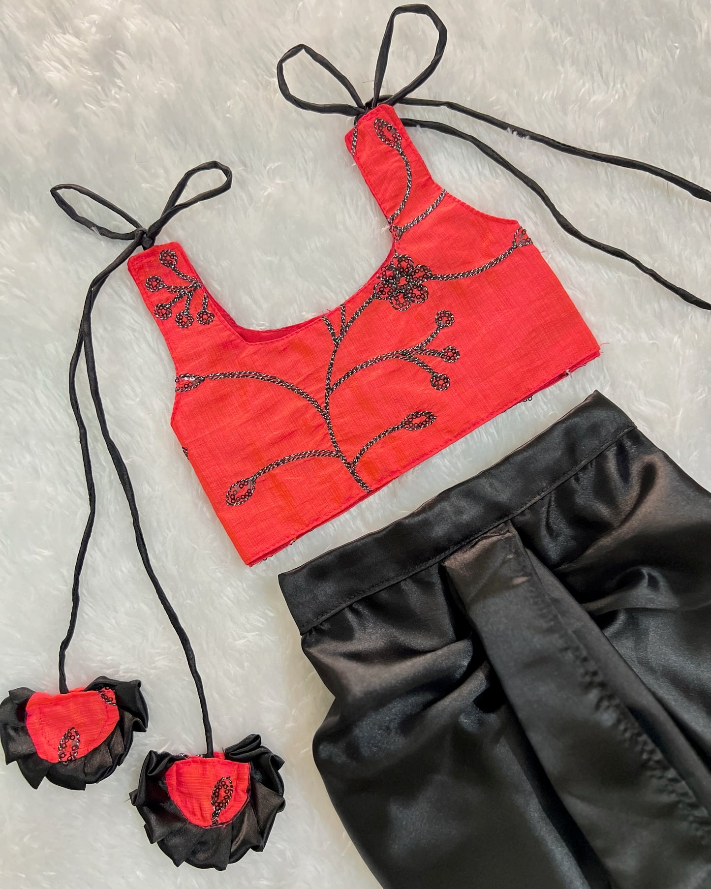 American Rose Embroidered Top With Soft Satin Black Dhoti Skirt