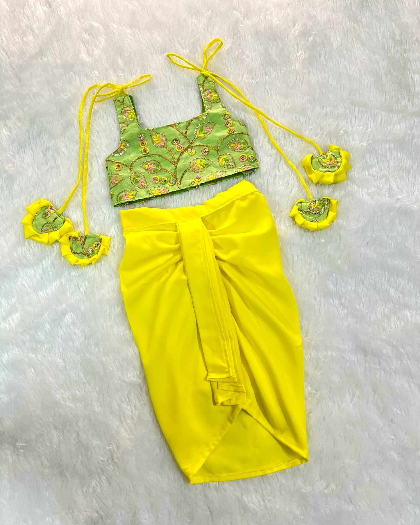 Pistachio Green Embroidered Top And Bright Yellow Dhoti Skirt