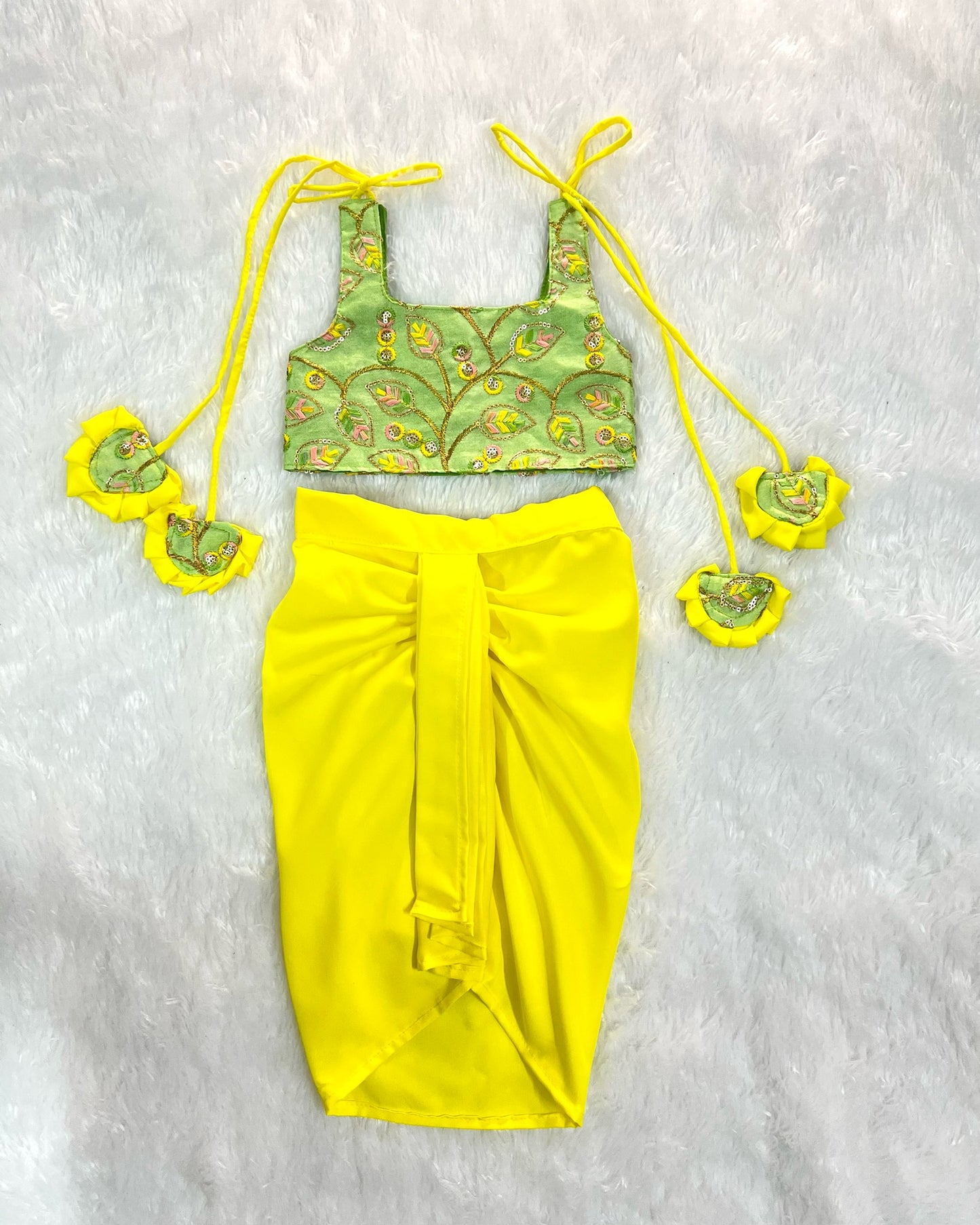Pistachio Green Embroidered Top And Bright Yellow Dhoti Skirt