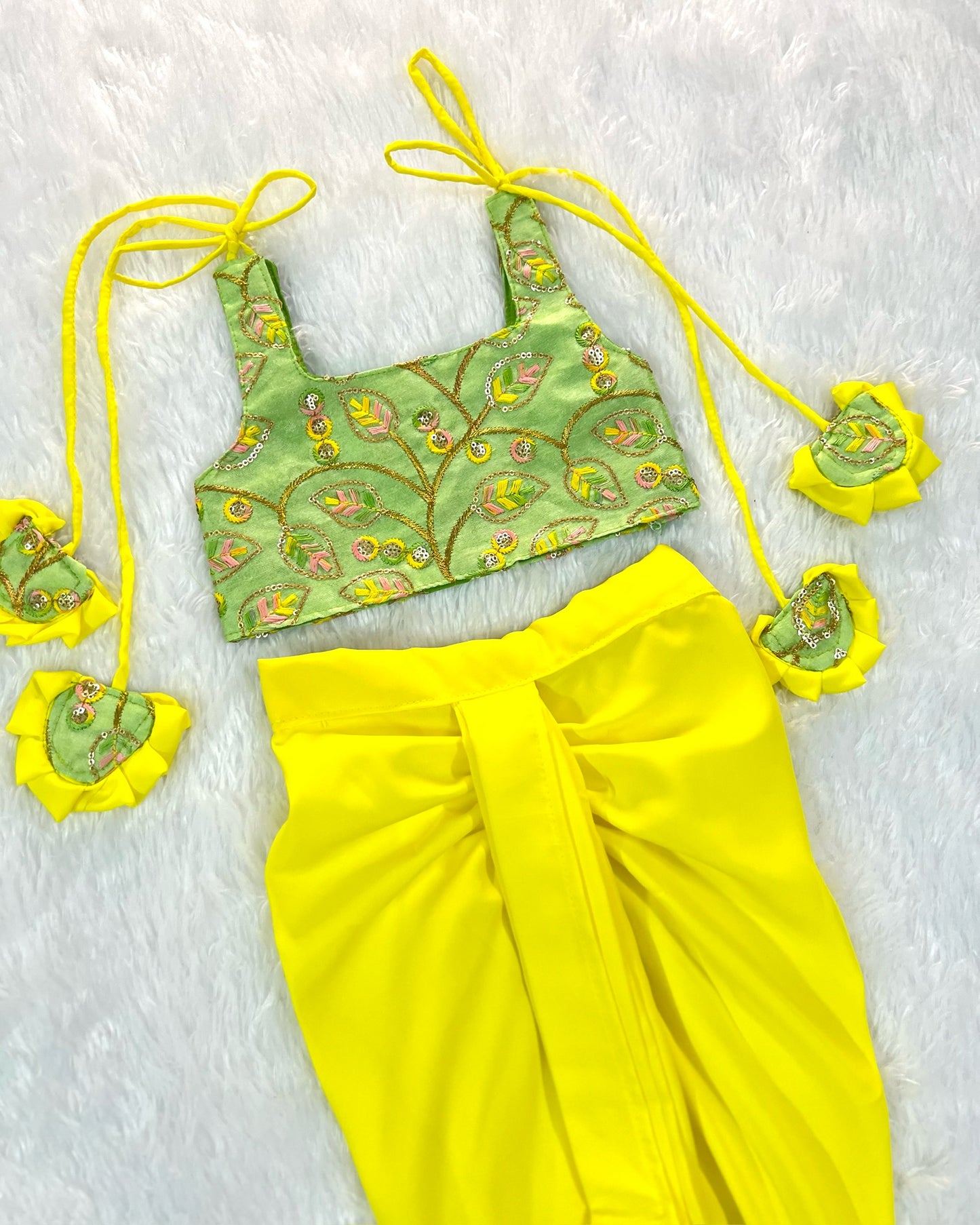 Pistachio Green Embroidered Top And Bright Yellow Dhoti Skirt