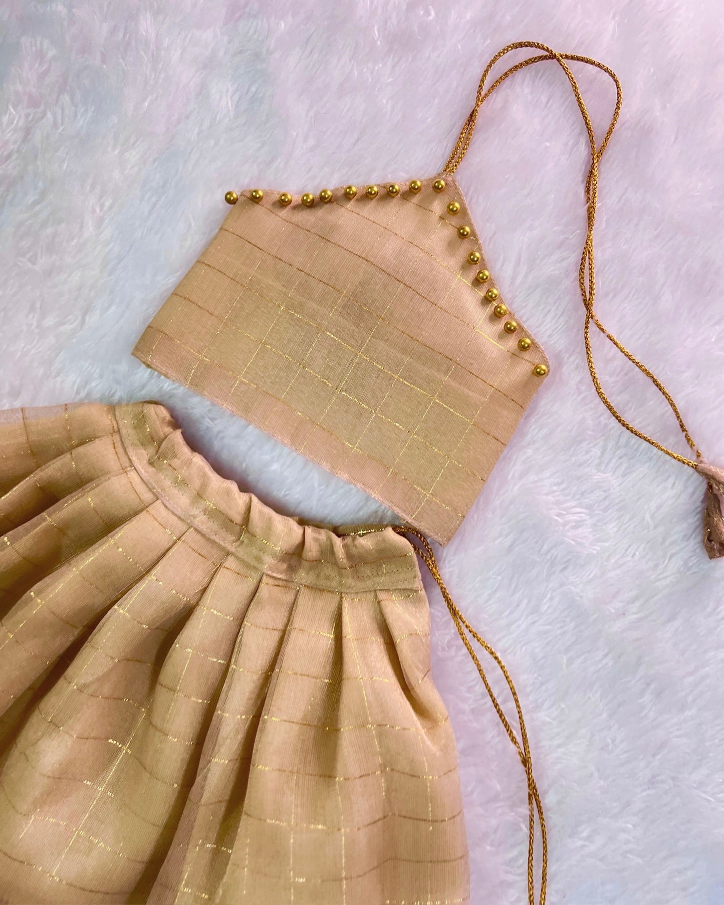 British Tan Shade Halter Neck Tissue Silk Lehenga Set