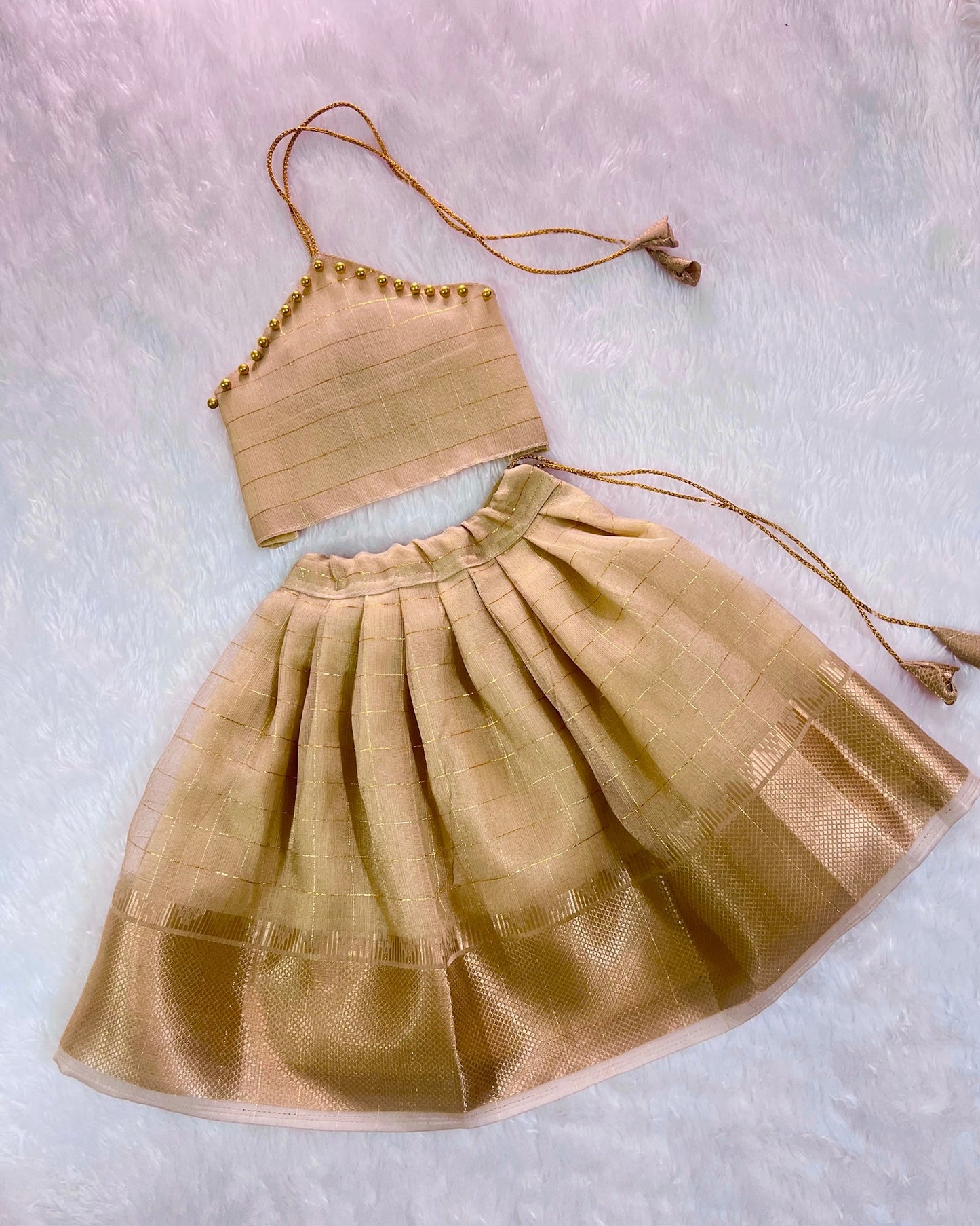 British Tan Shade Halter Neck Tissue Silk Lehenga Set