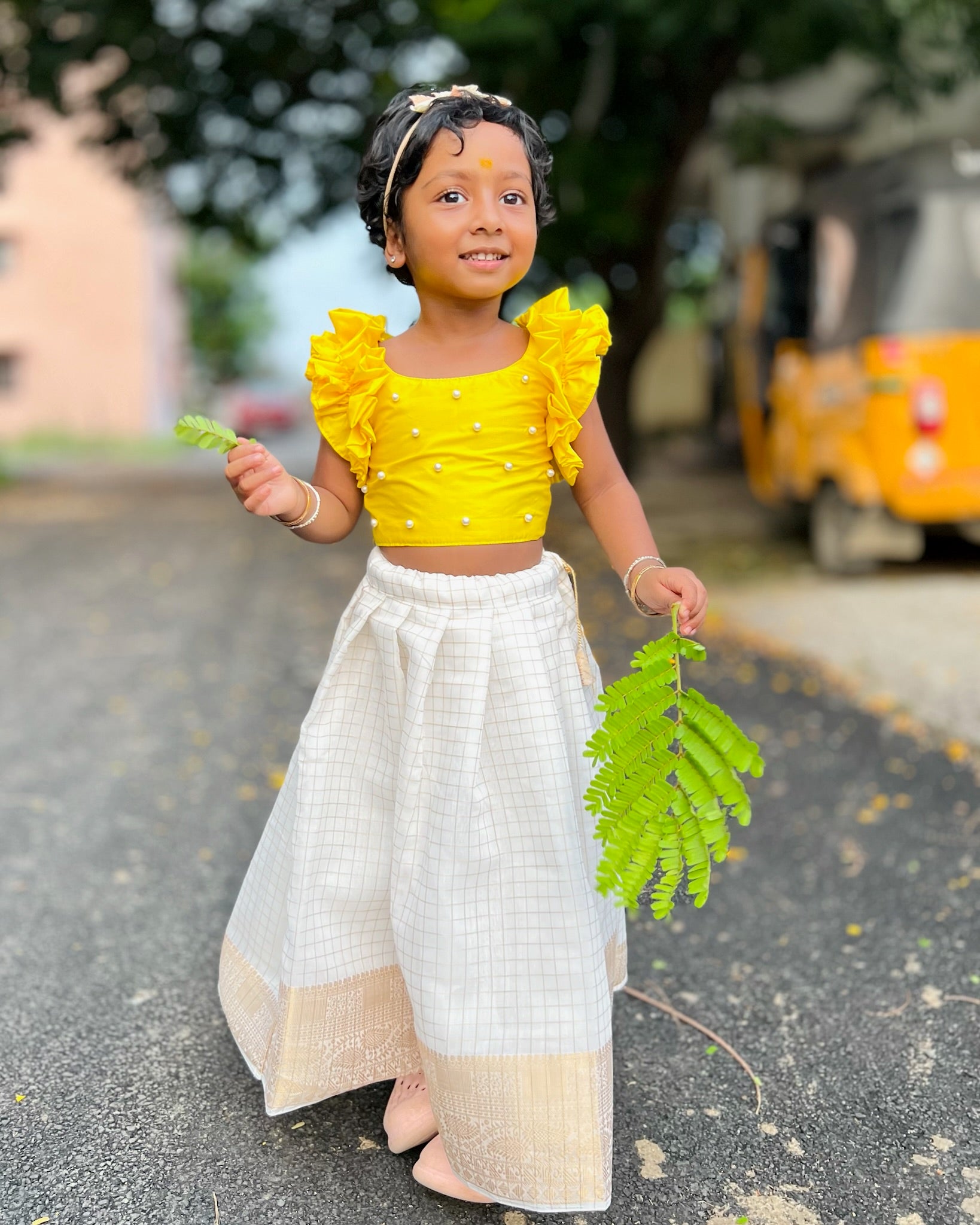 Bright Yellow silk cotton top pearl white lehenga