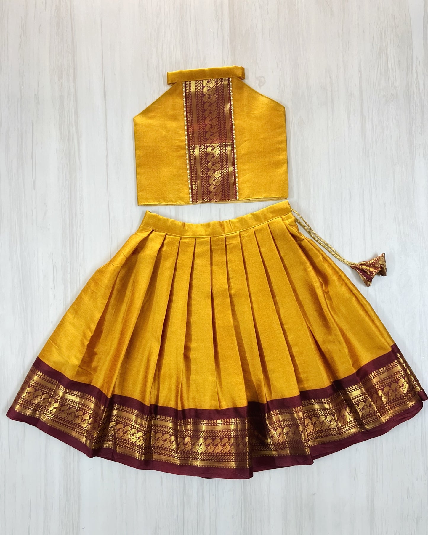 Mustard Yellow With Vintage Maroon Halter Neck Lehenga Set