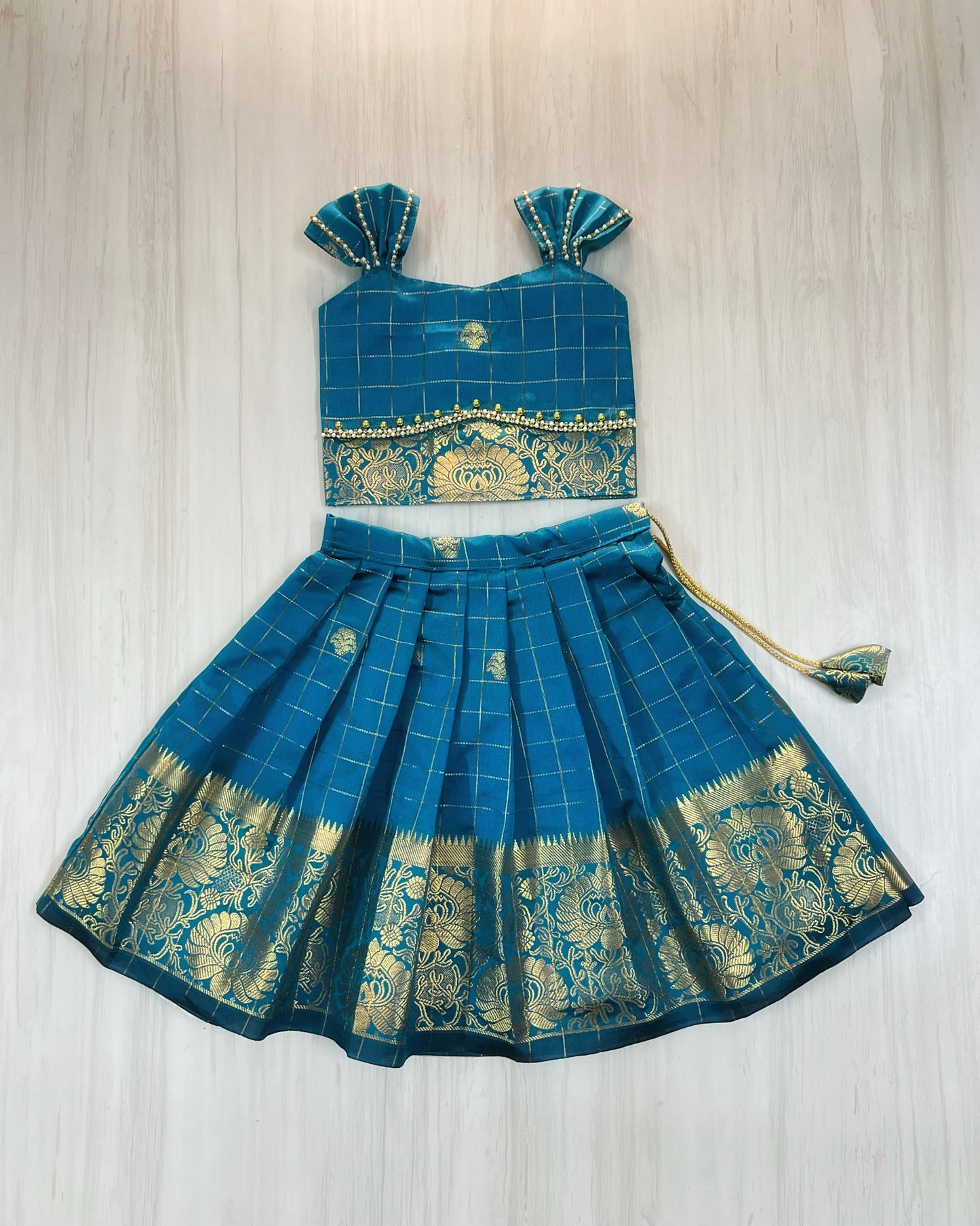 Deep Sea Teal Floral Border Traditional Lehenga Set
