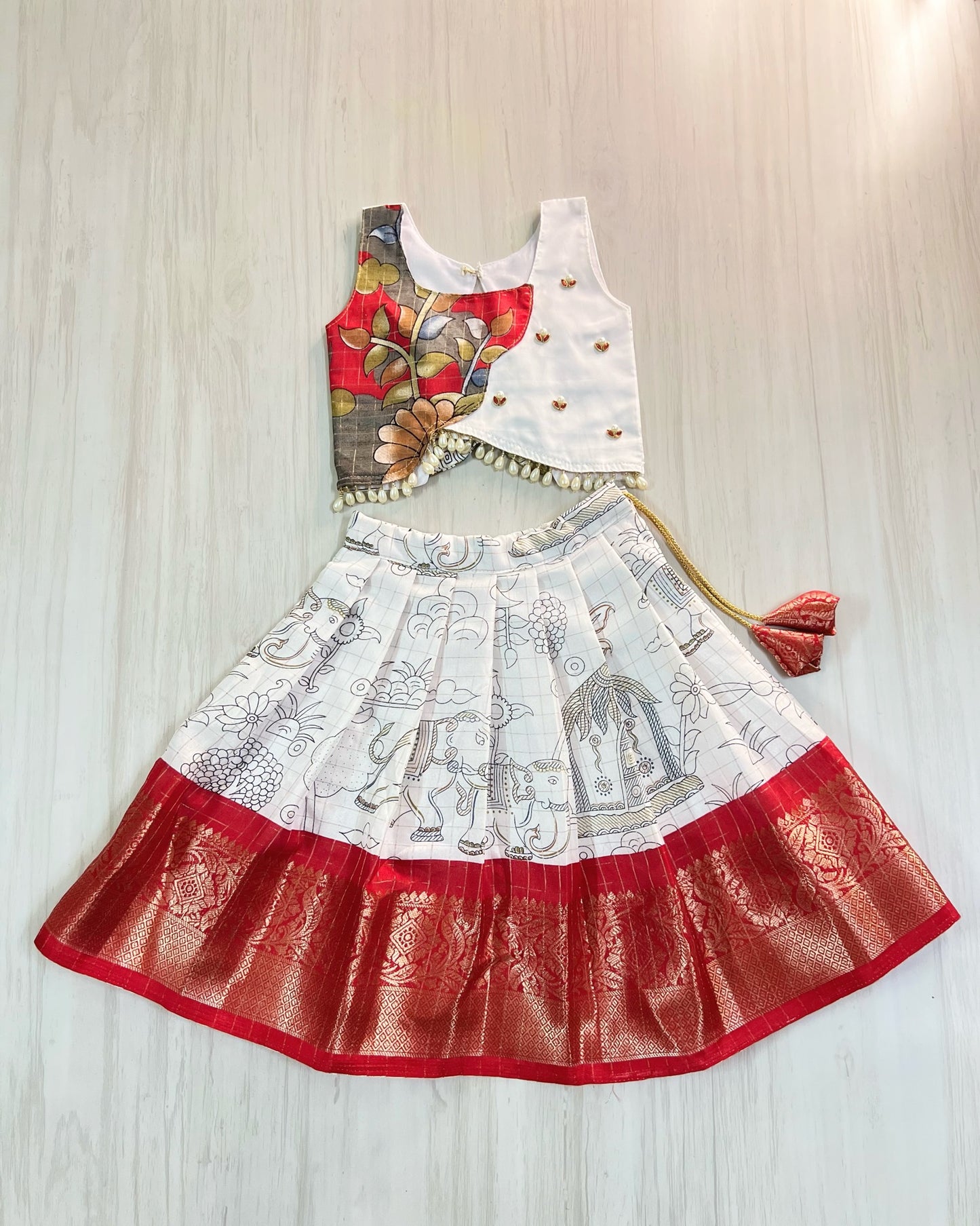Soft White And Scarlet Red Back Bows Cute Lehenga Set | The Silkberry