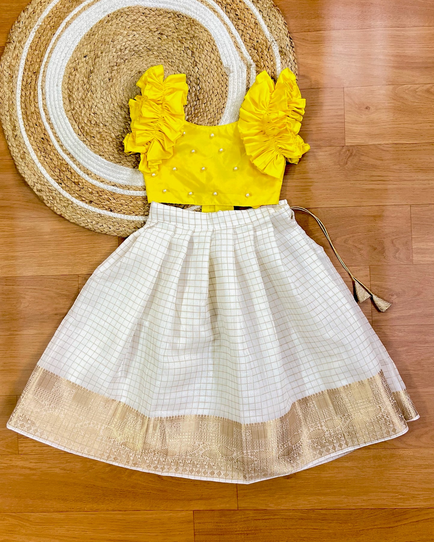 Bright Yellow silk cotton top pearl white lehenga