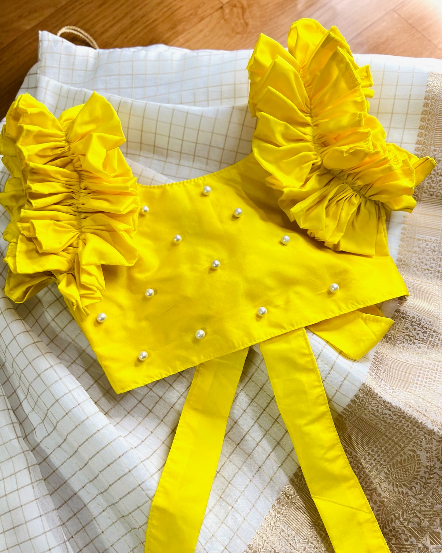 Bright Yellow silk cotton top pearl white lehenga