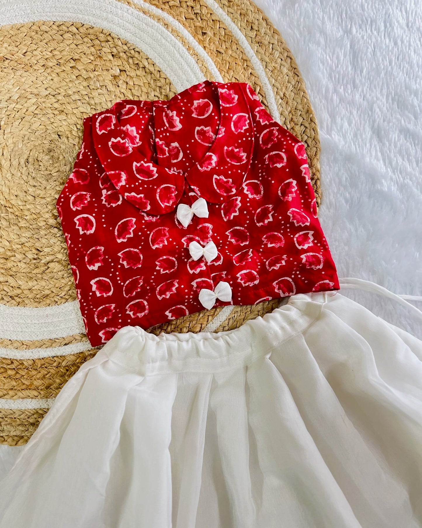 Red bows cotton top white lehenga