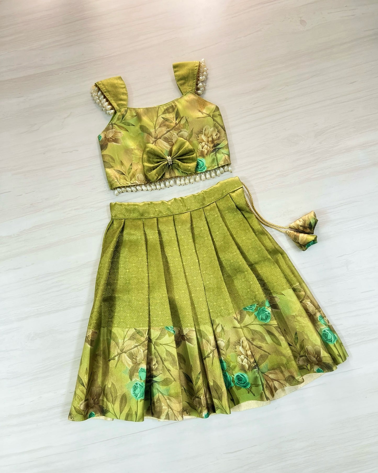 Crisp Olive Leaves Pearl Embellished Lehenga Set | The Silkberry