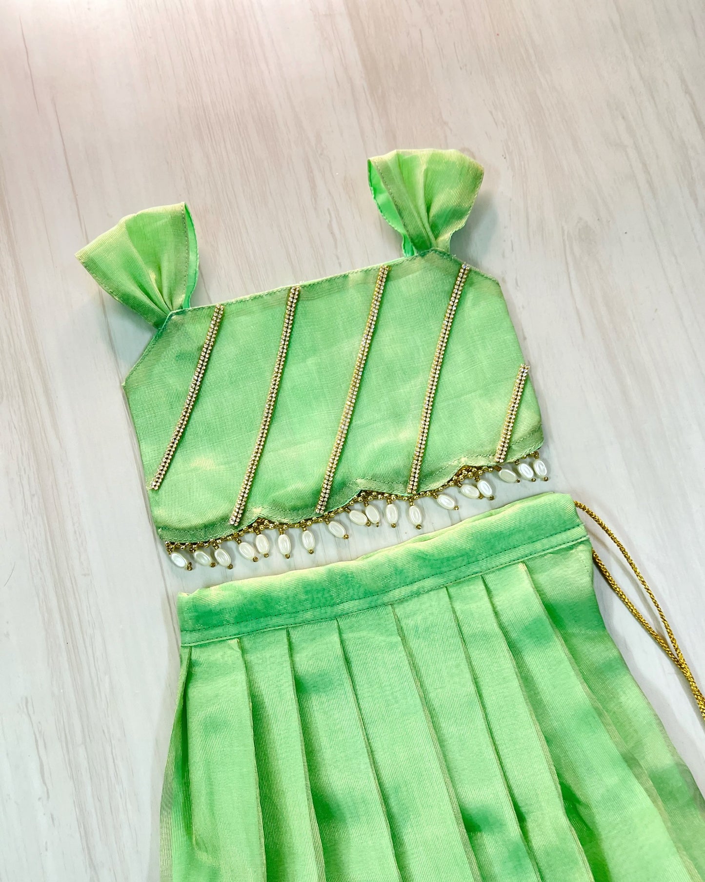 Soft Mint Green Pastel Shade Hanging Pearls Lehenga Set