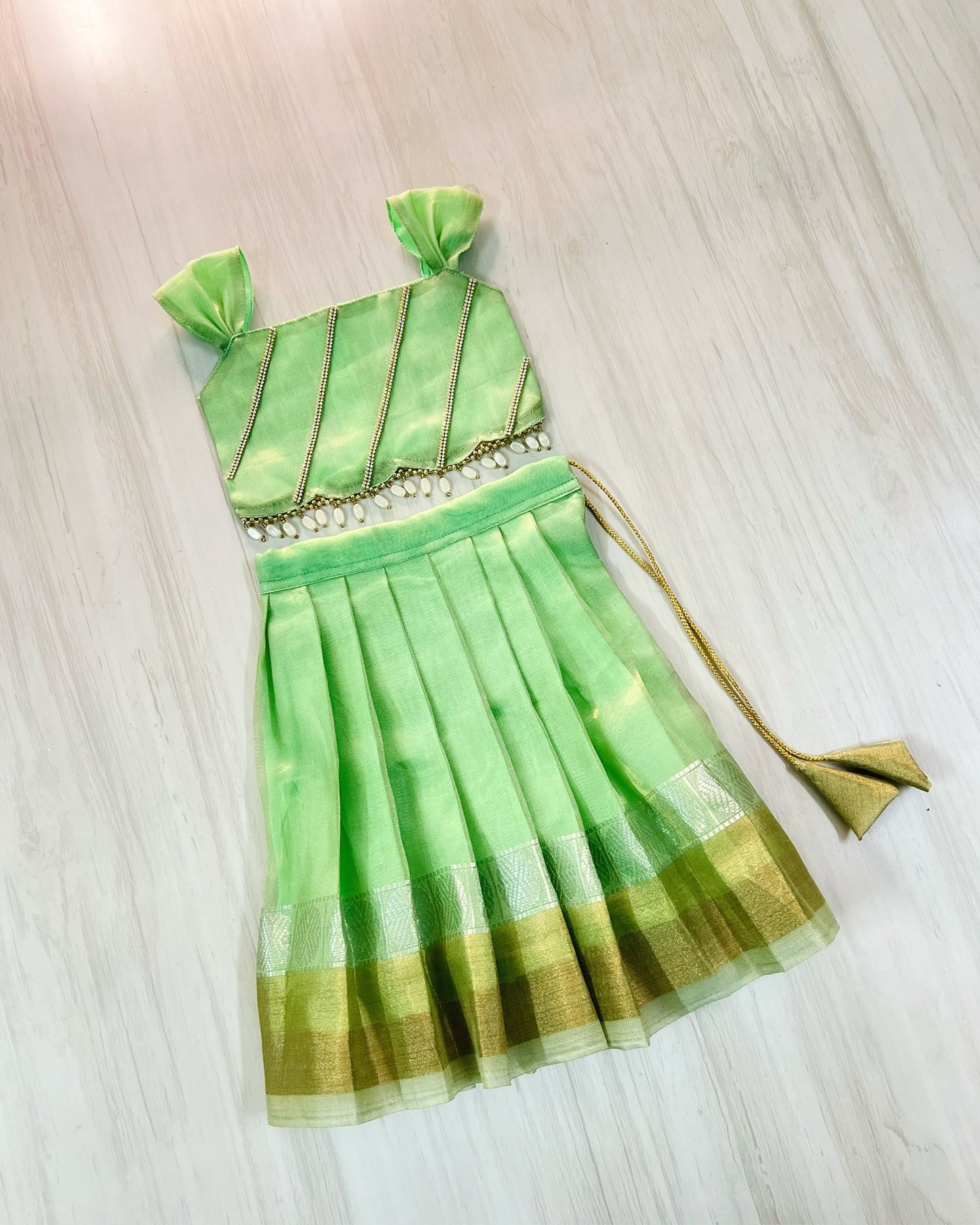 Soft Mint Green Pastel Shade Hanging Pearls Lehenga Set