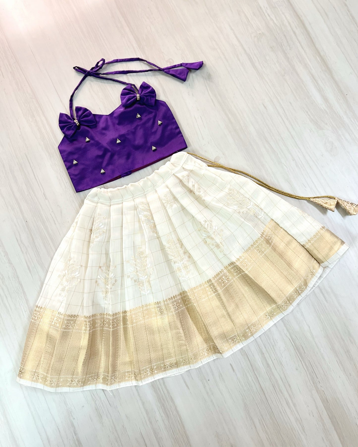 Deep Purple Bow Style Top With Pure Cotton Skirt Lehenga Set