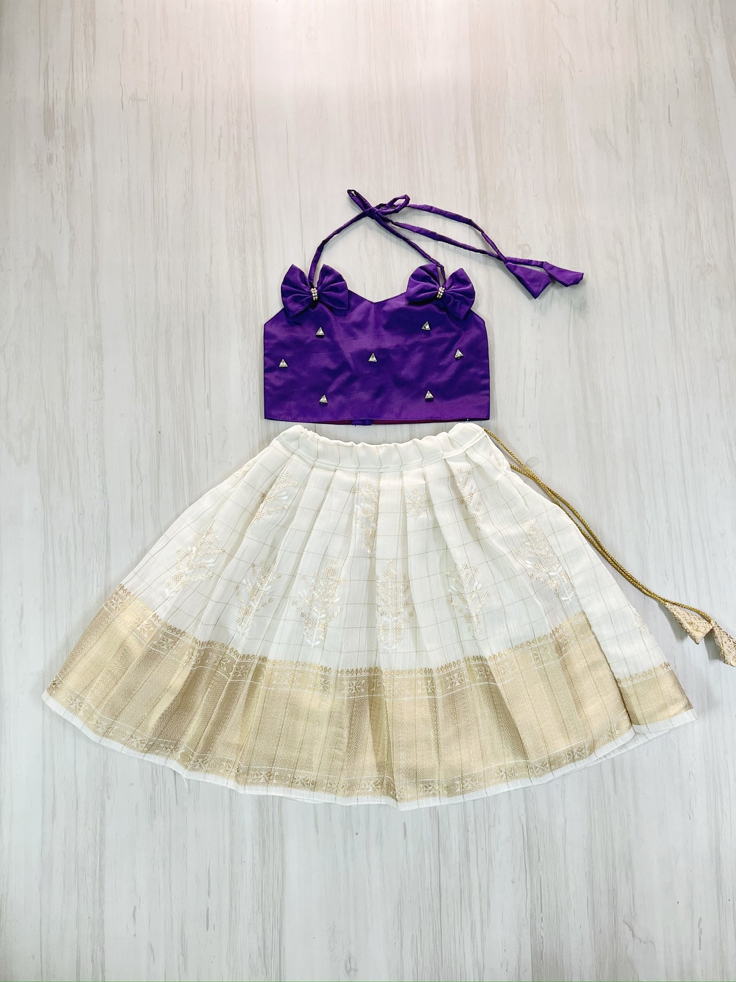 Deep Purple Bow Style Top With Pure Cotton Skirt Lehenga Set