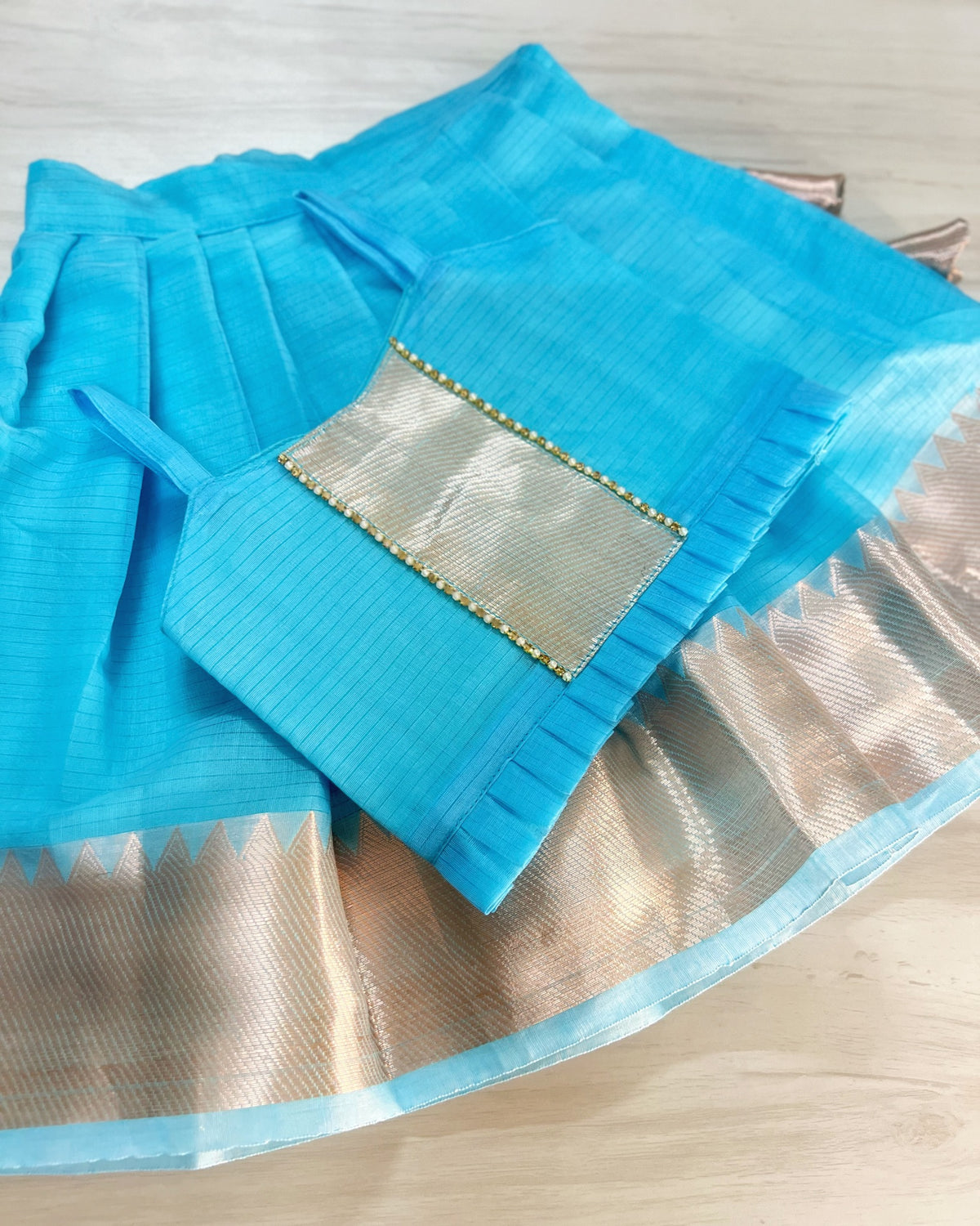 Baby Blue Clouds Traditional Mangalagiri Cotton Lehenga Set