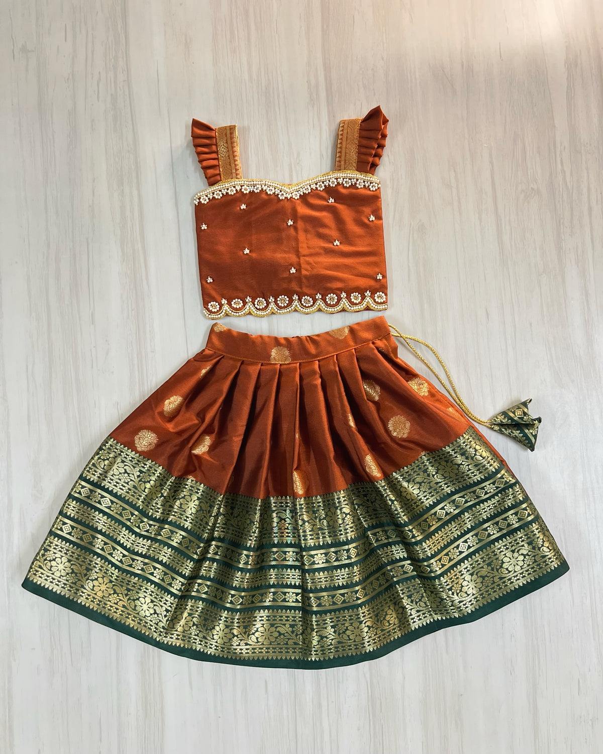 Chestnut Brown With Broad Forest Green Border Aari Work Lehenga Set