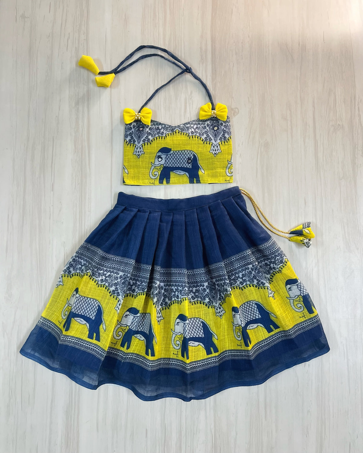 Denim Blue With Yellow Hues Elephant Printed Cute Lehenga Set