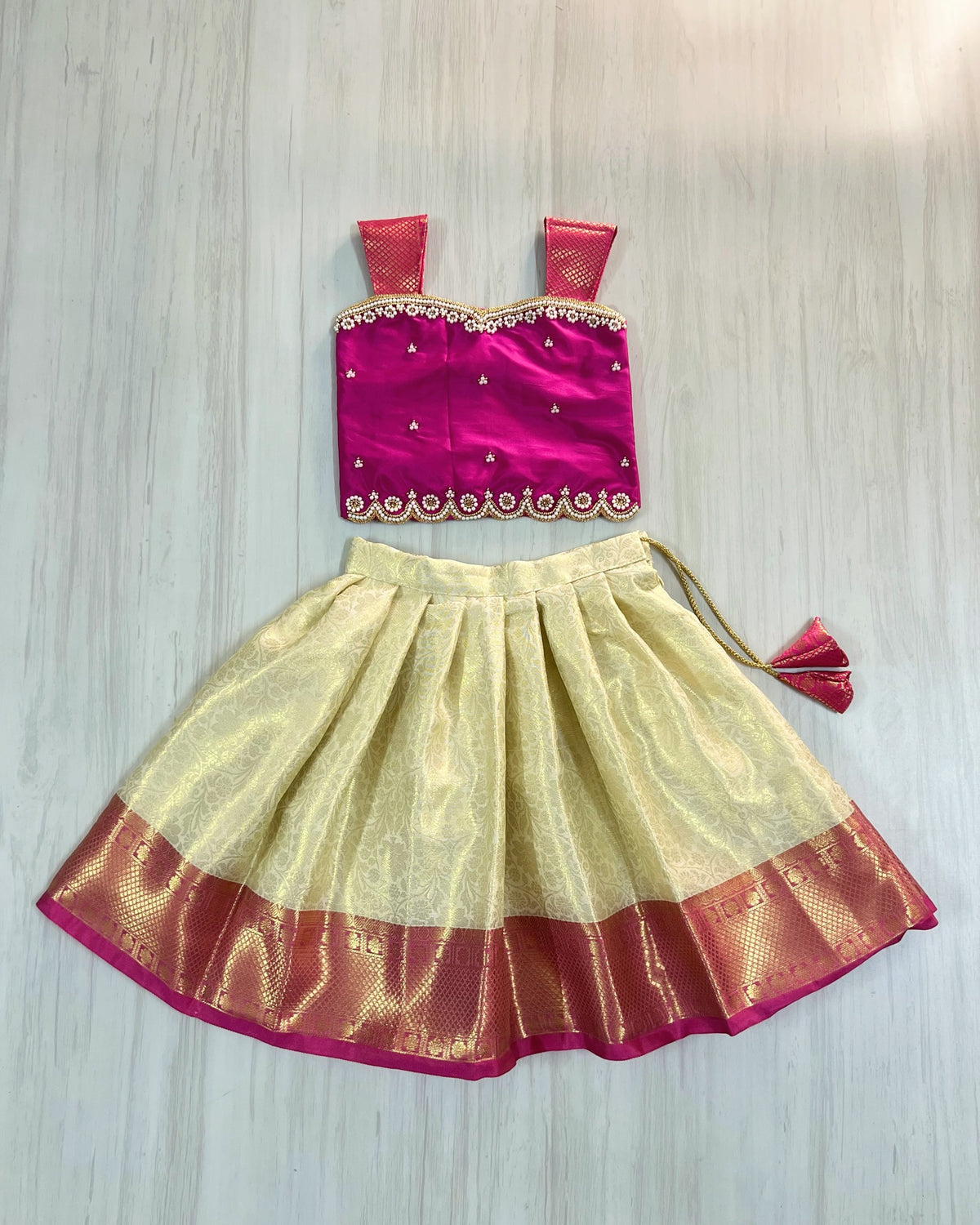 Dark Magenta With Butter Cream Aari Embroidered Lehenga Set