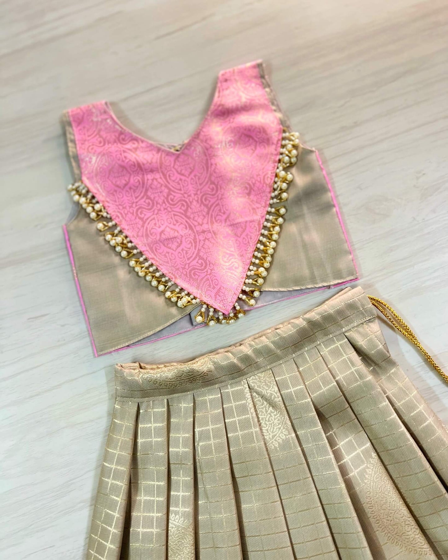 Cloud Grey And Taffy Pink Embellished Modern Back Traditional Lehenga Set | The Silkberry