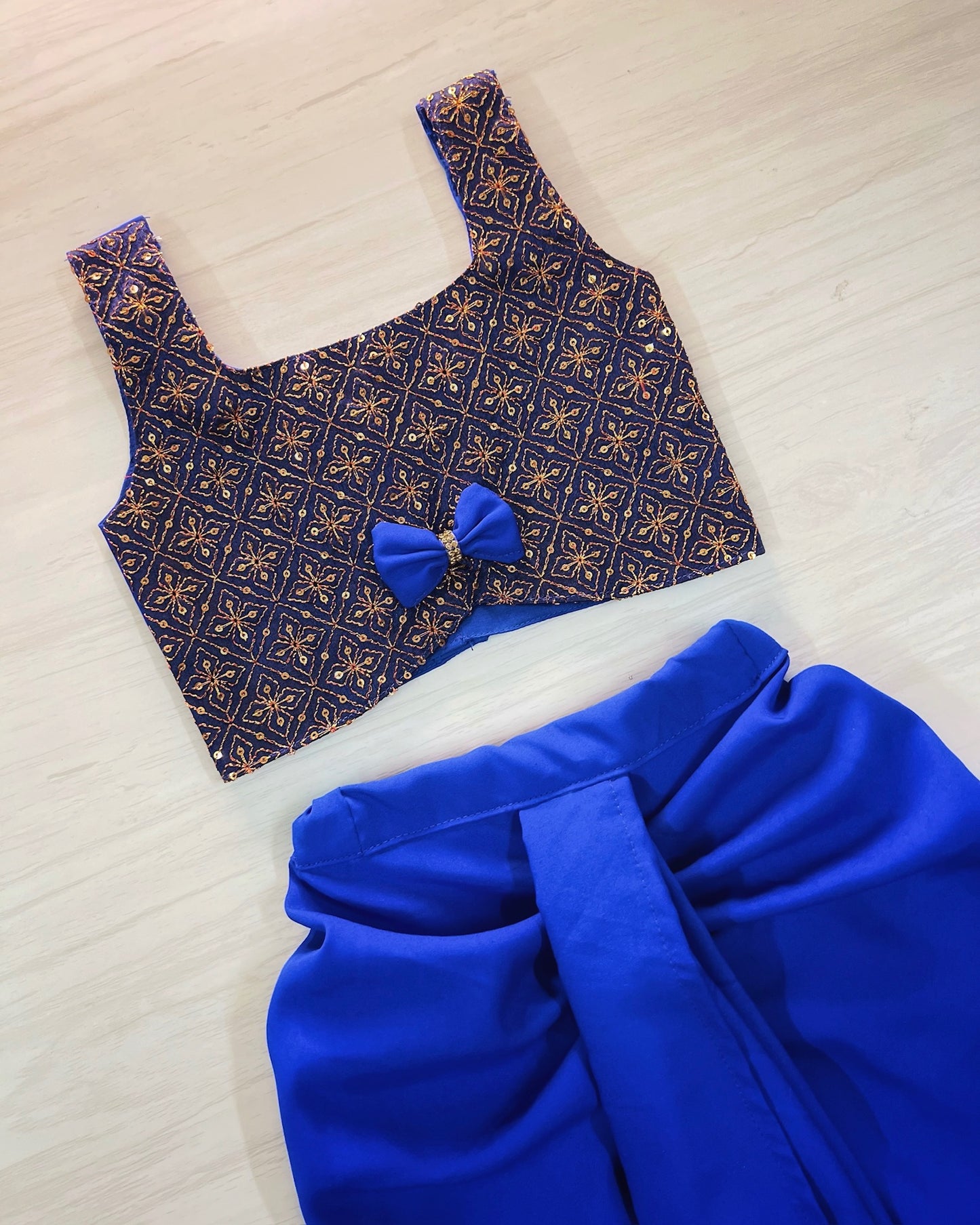 Sparkling Navy Embroidered Top And Azure Blue Dhoti Skirt | The Silkberry
