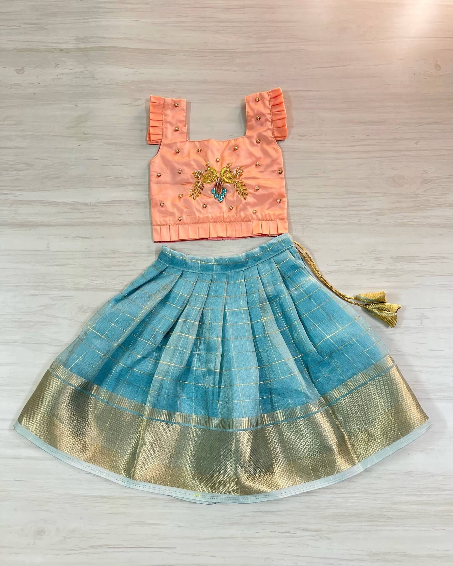 Blush Pink Peacock Embroidered Aari Work Cute Top With Skyblue Lehenga Set | The Silkberry