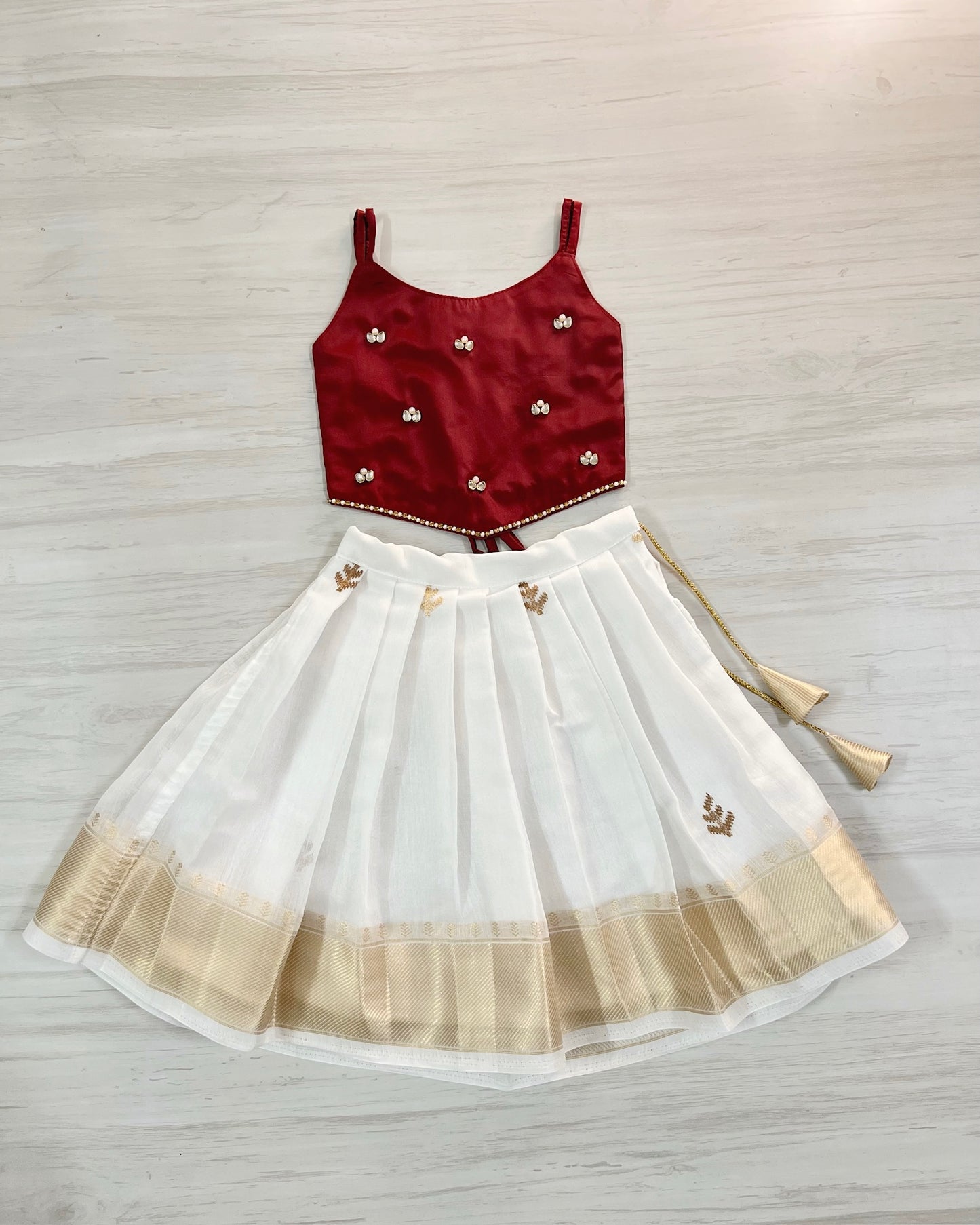 Burgundy Tulip Design Top With Pure Cotton Skirt Lehenga Set | The Silkberry