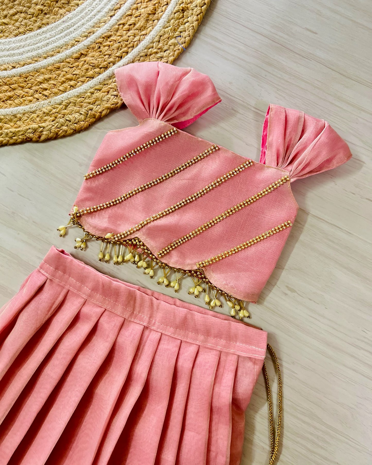 Baby pink pastel shade hanging pearls lehenga