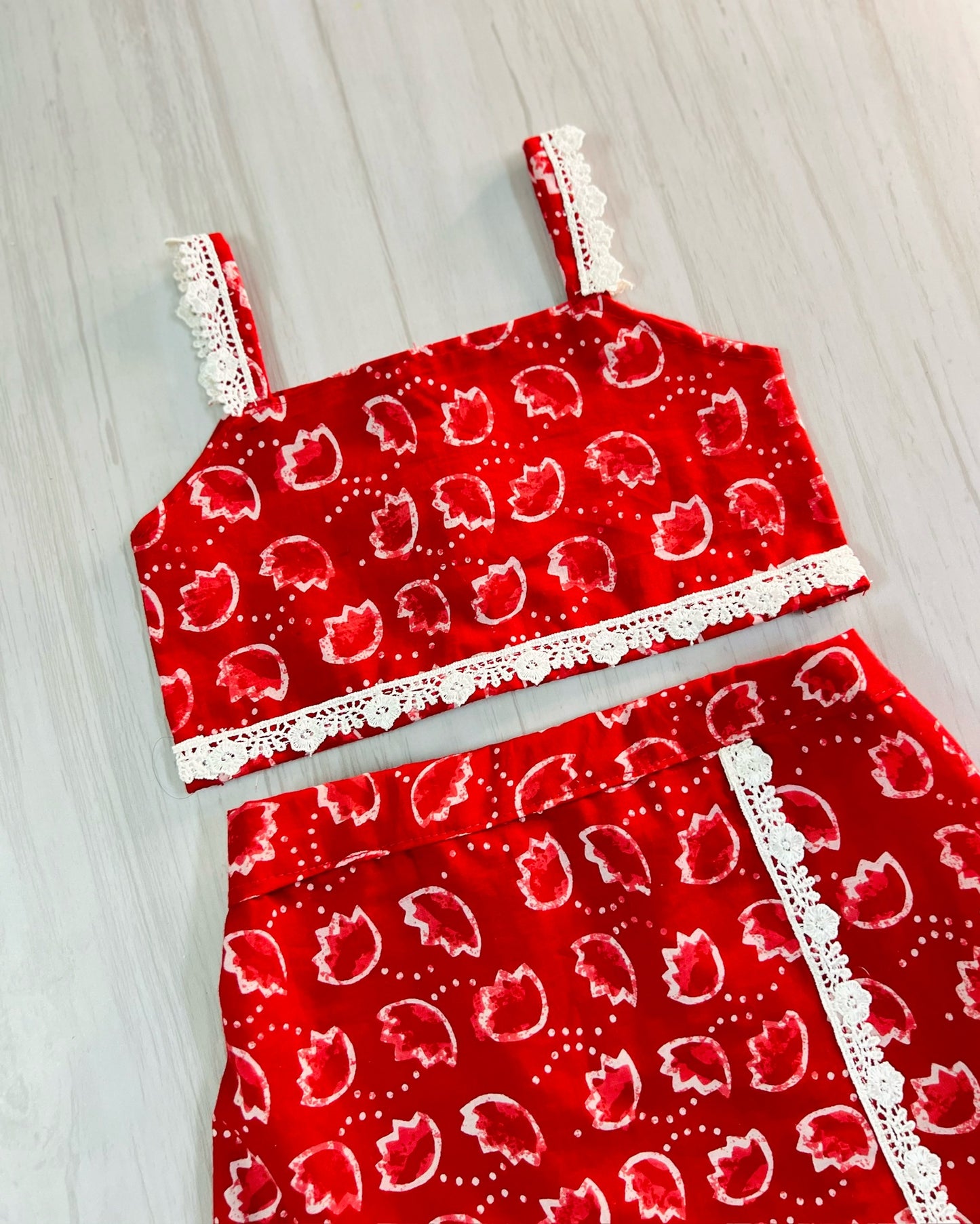 Crimson Shade Leafy Print Cotton Co-ord Top And Skirt