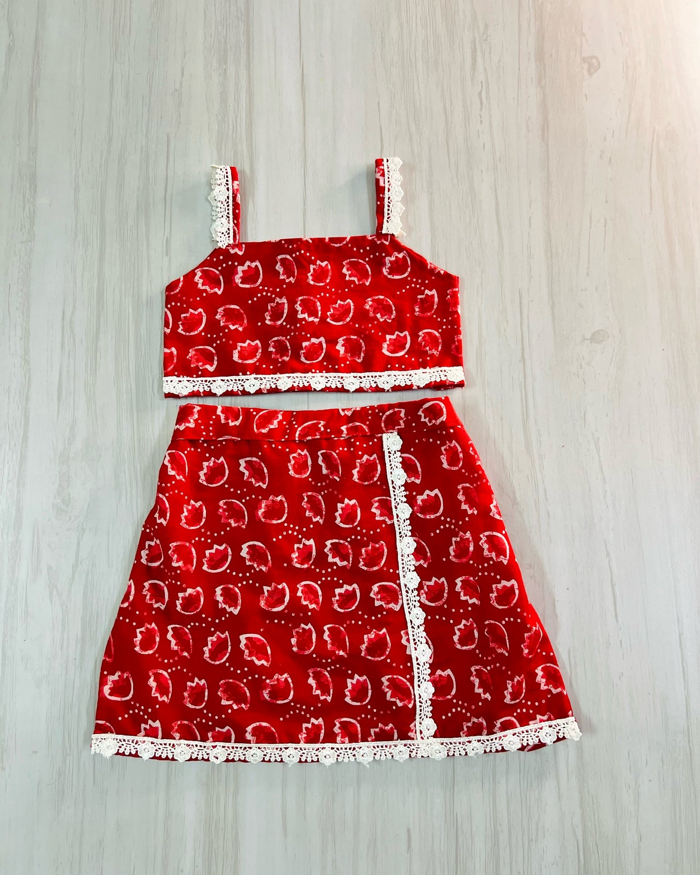 Crimson Shade Leafy Print Cotton Co-ord Top And Skirt
