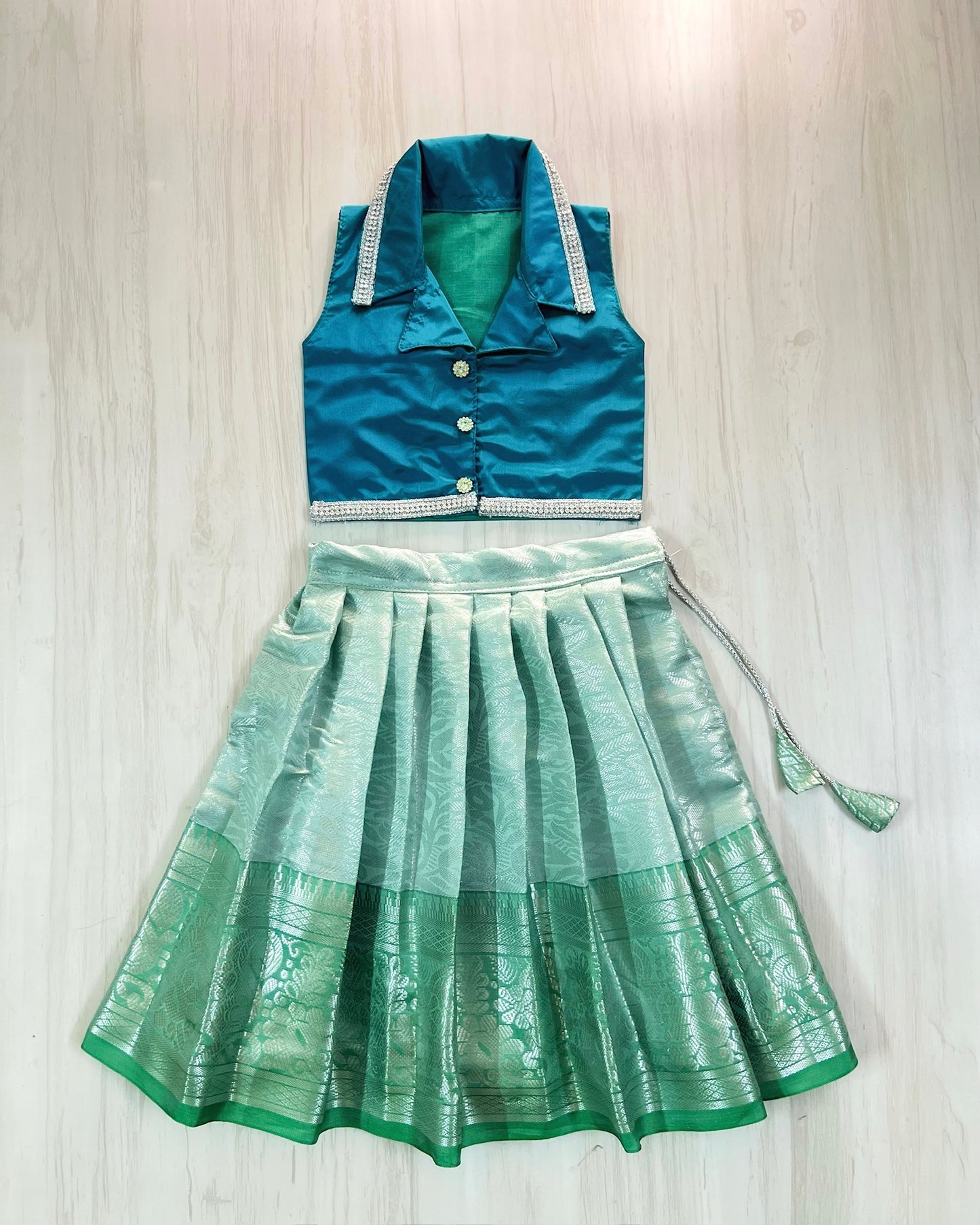Crystal Teal Collar Top With Mint Skirt Lehenga Set