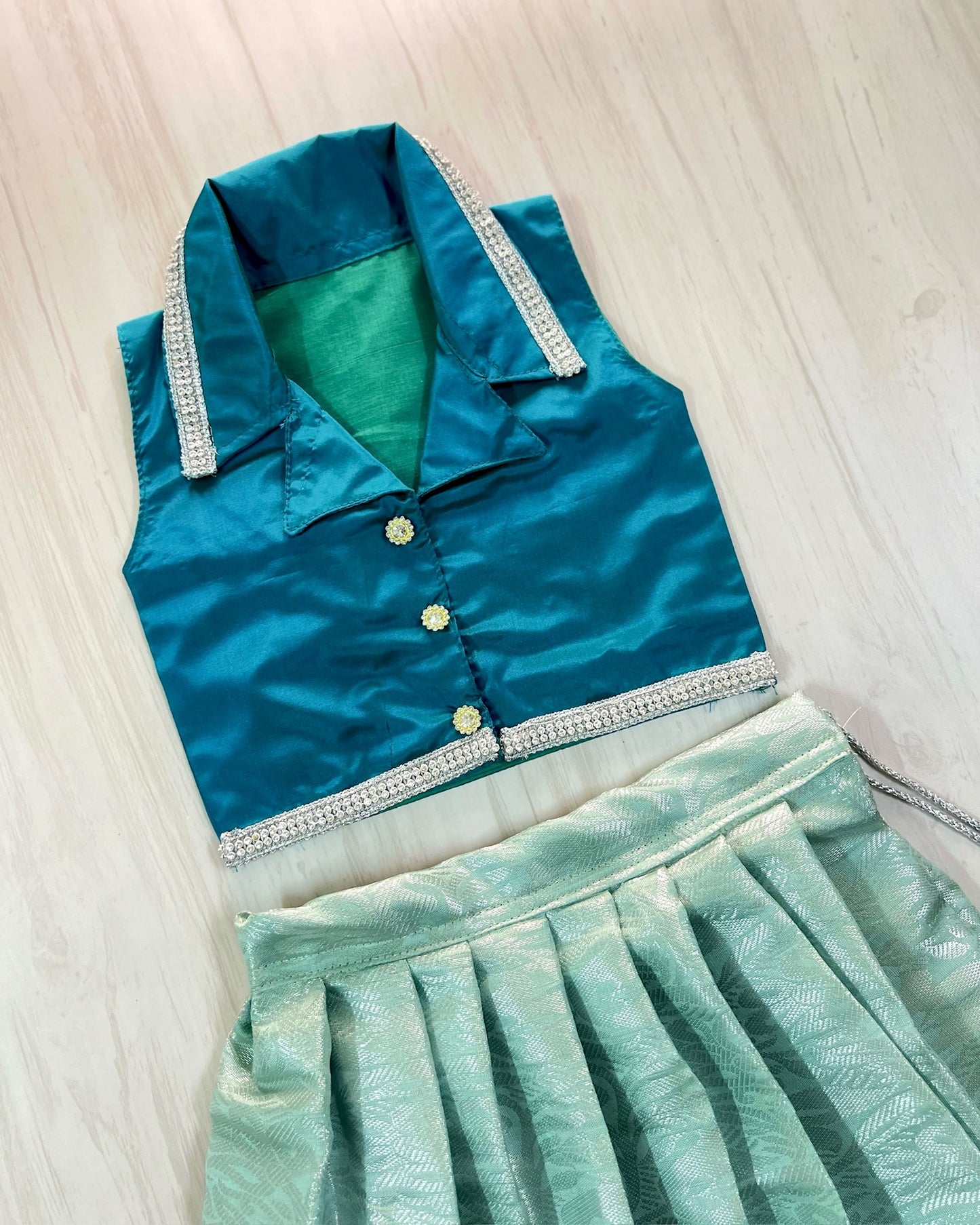 Crystal Teal Collar Top With Mint Skirt Lehenga Set