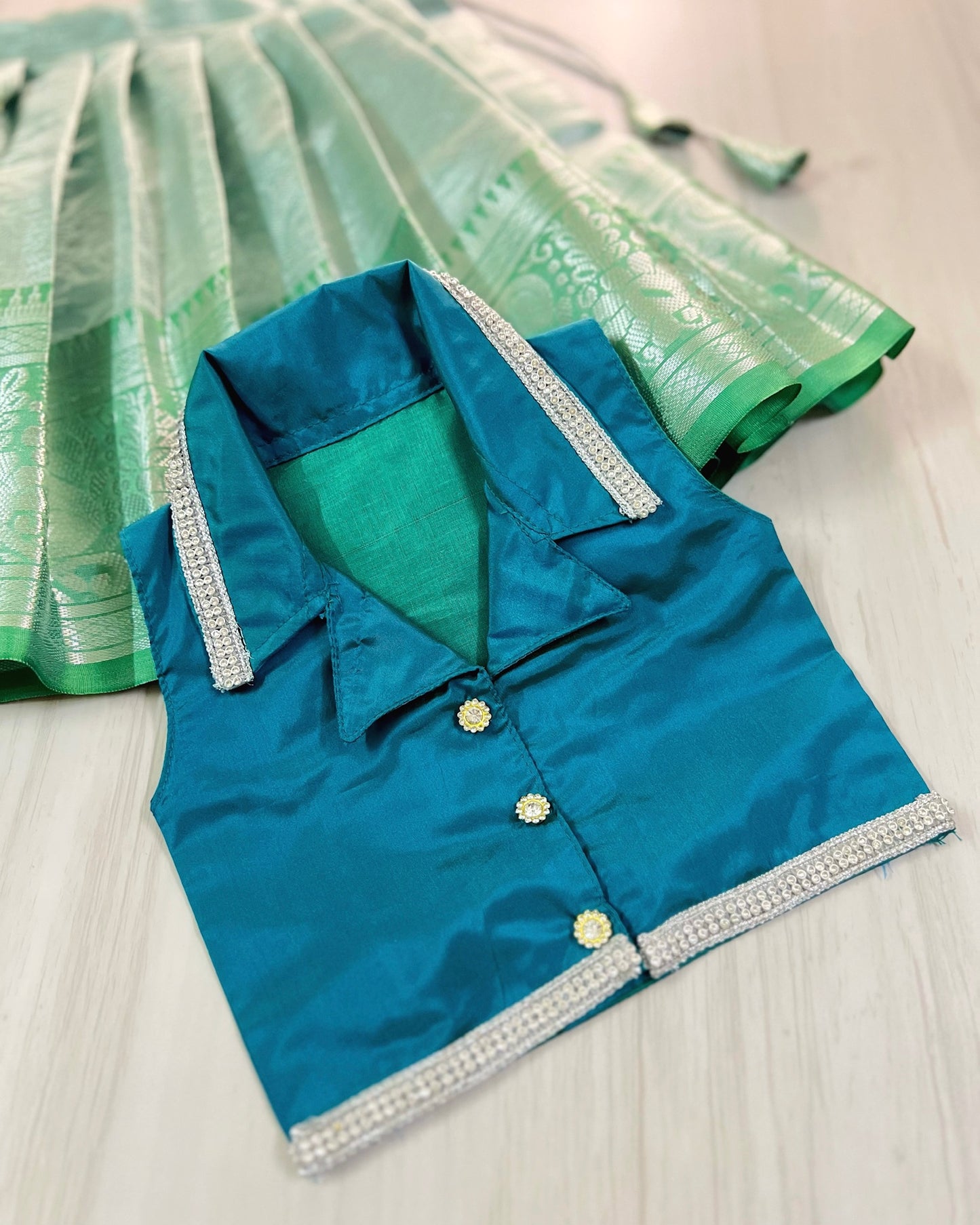 Crystal Teal Collar Top With Mint Skirt Lehenga Set