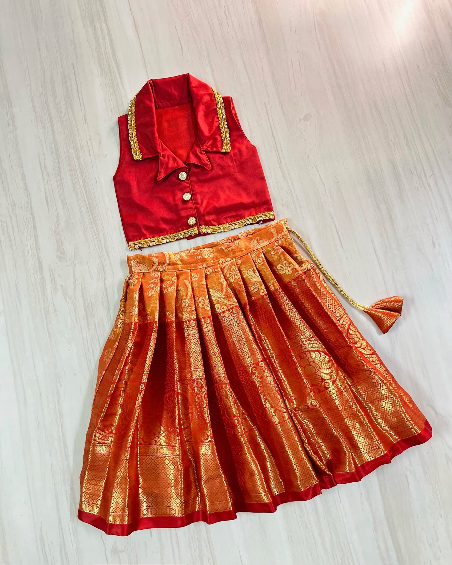 Vermillion Red Collar Top With Orange Skirt Lehenga Set