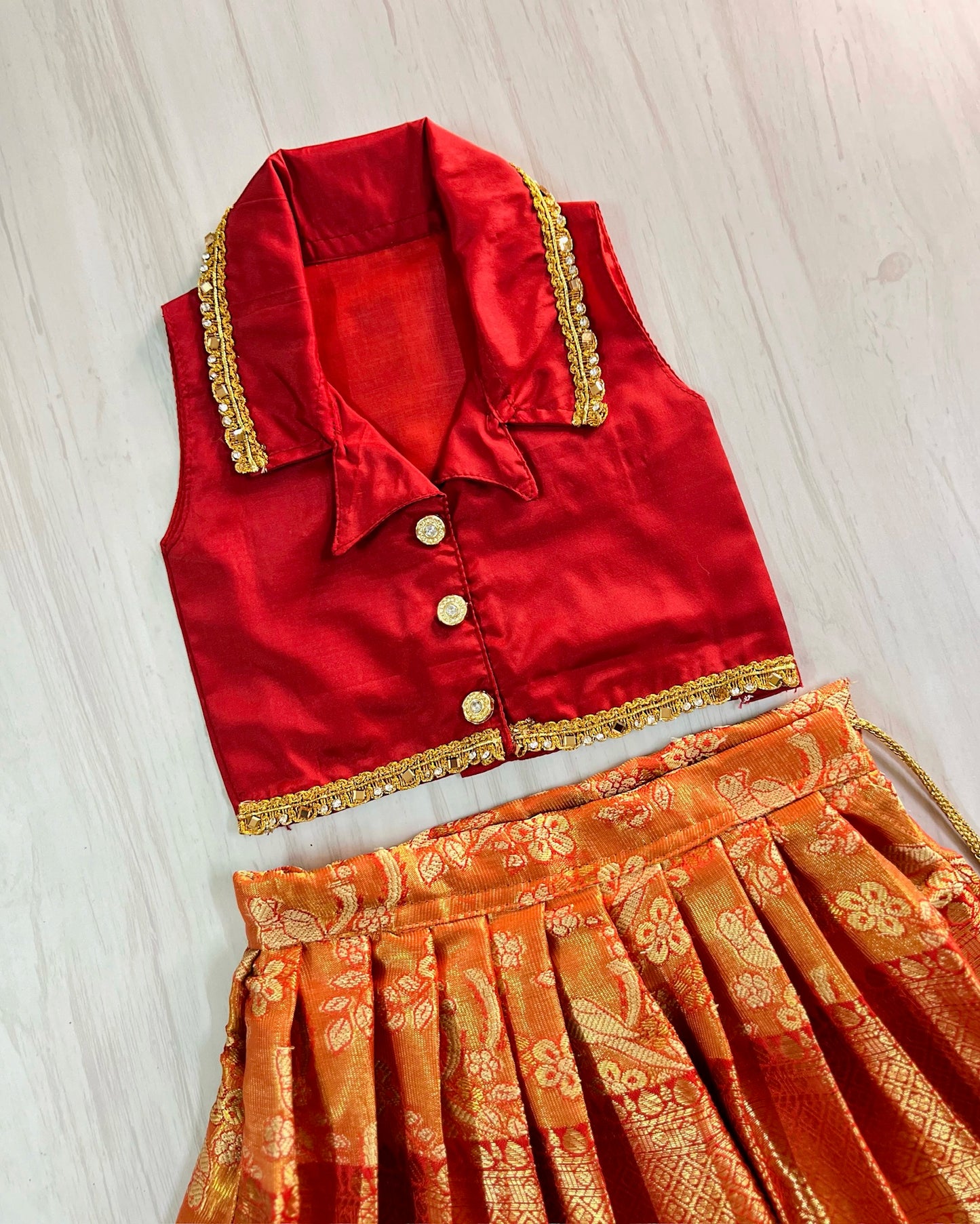 Vermillion Red Collar Top With Orange Skirt Lehenga Set