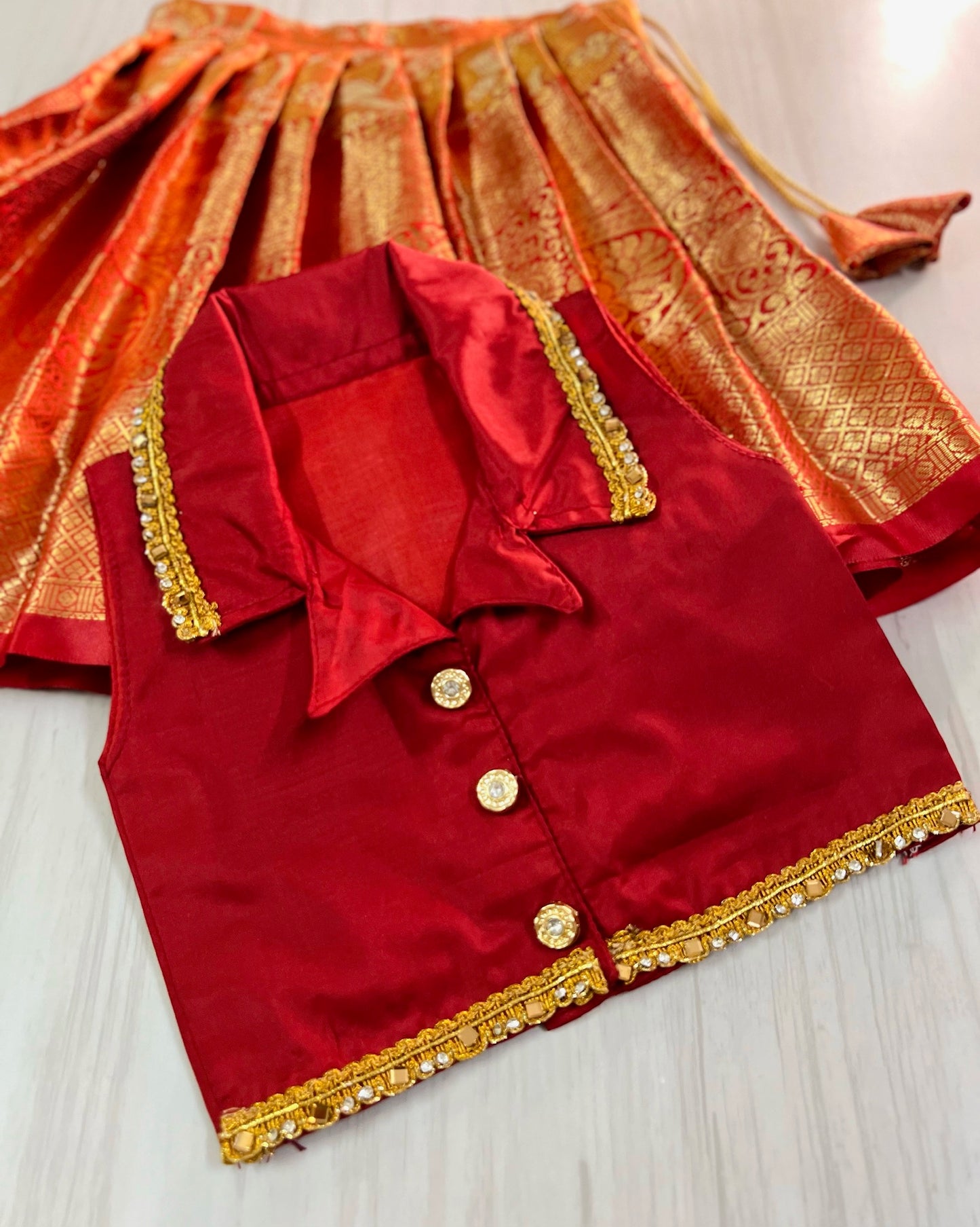 Vermillion Red Collar Top With Orange Skirt Lehenga Set