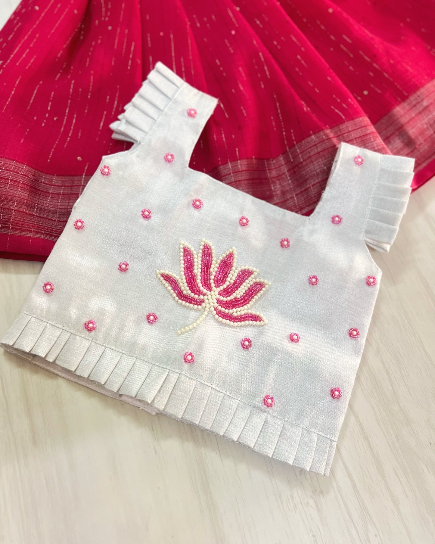 Silvery Lotus With Persian Pink Aari Work Lehenga Set