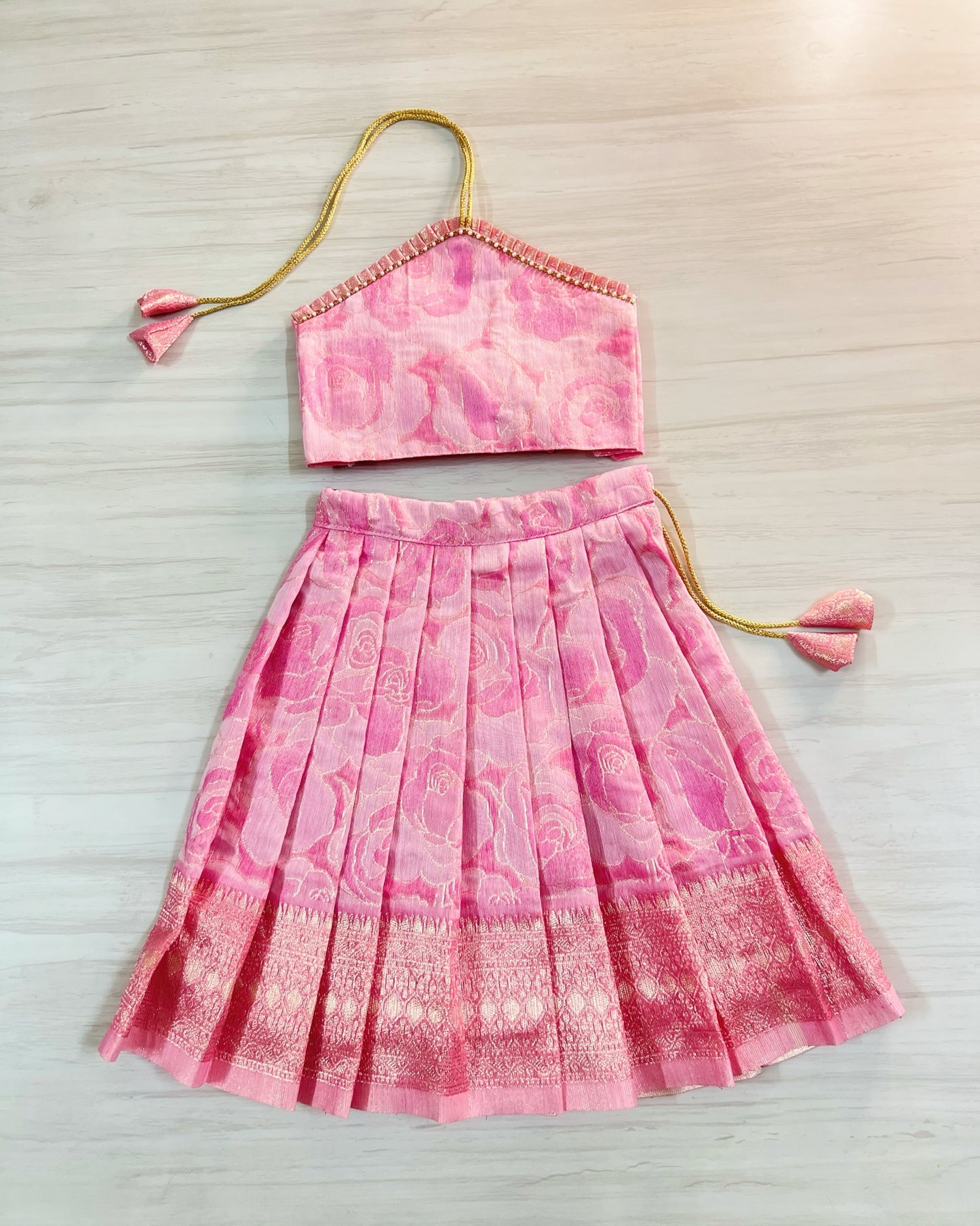 Summery Rose Bud Halter Neck Silk Lehenga Set