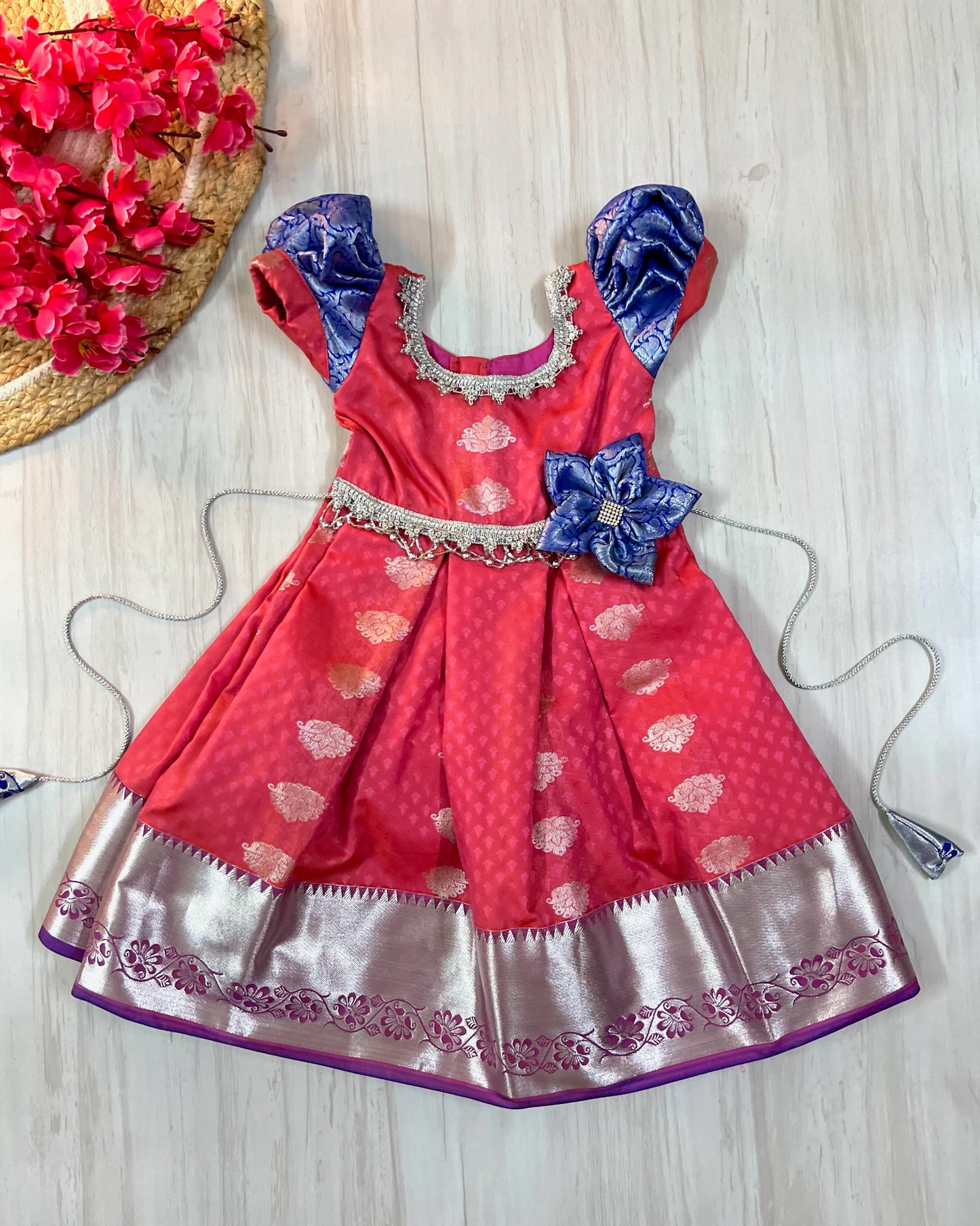 Orange pink floral traditional frock