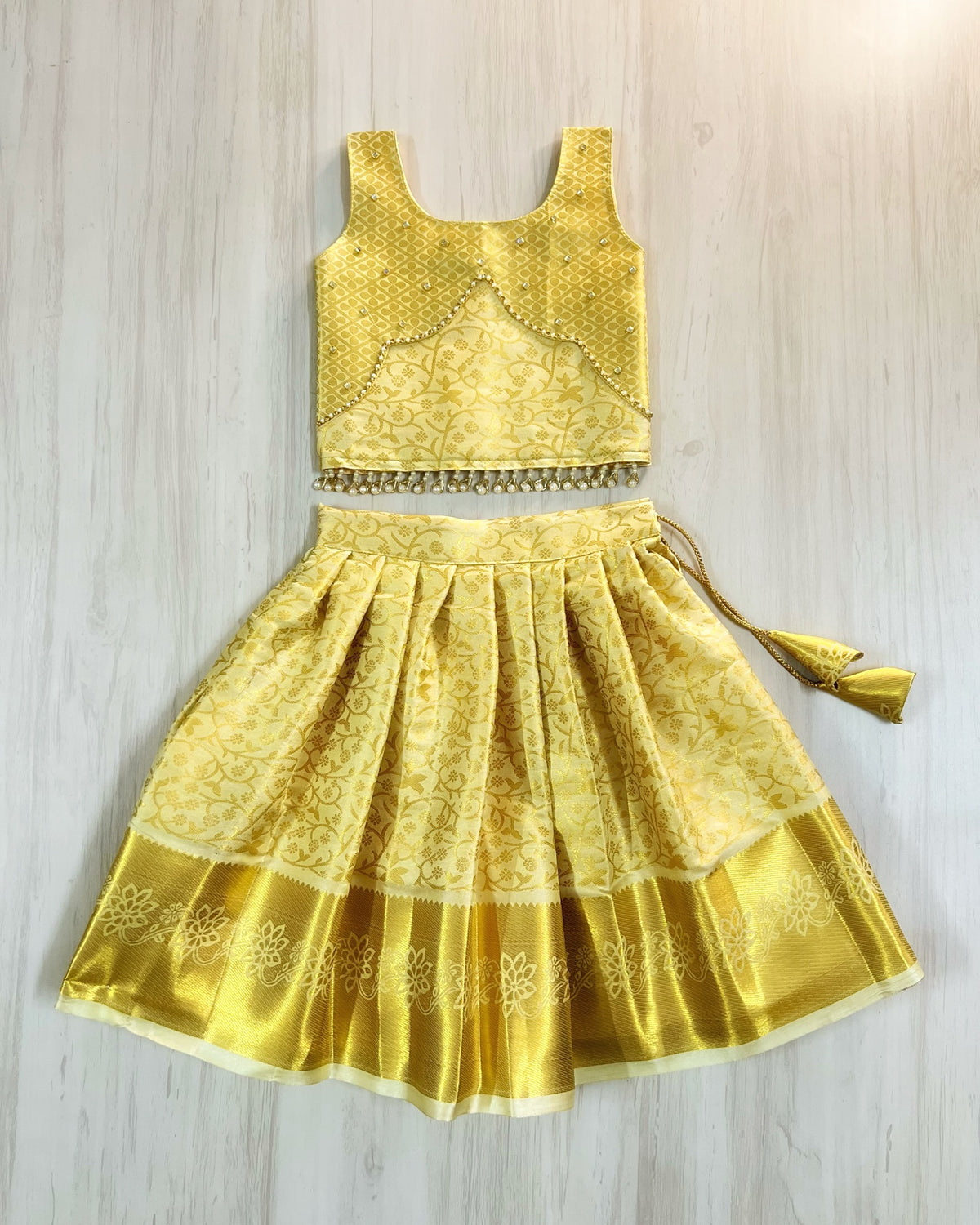 Arabian Royalty Golden Scalloped Hanging Pearls Lehenga Set